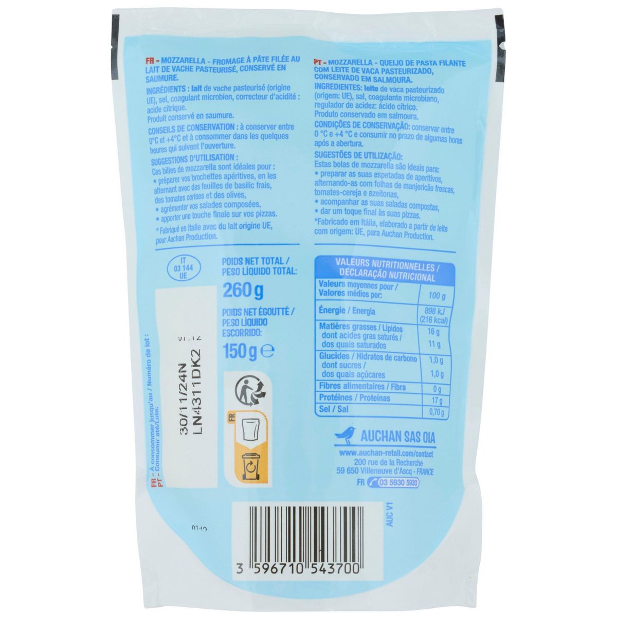 AUCHAN Mini Mozzarella 16 pièces 150g