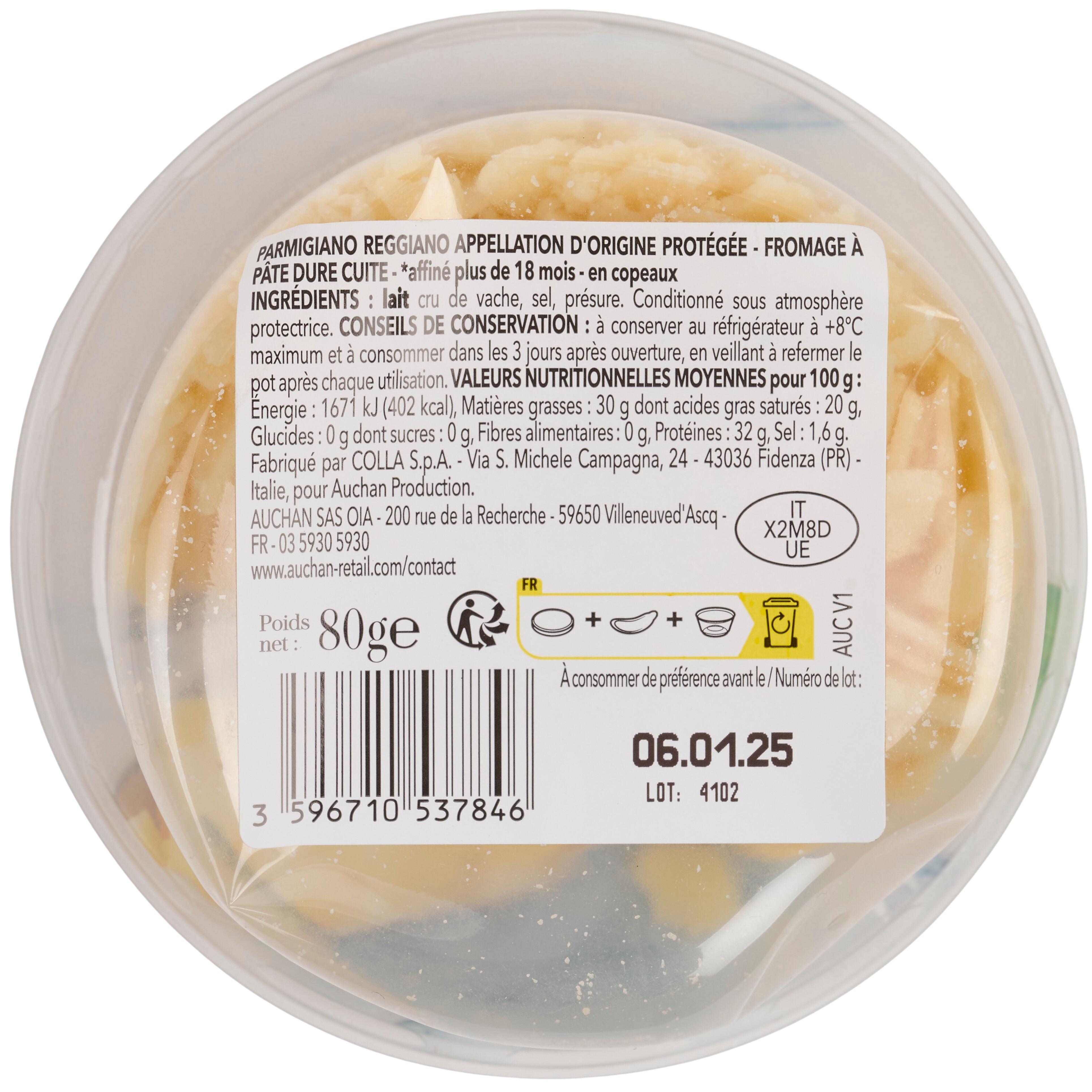 Voir la diapositive 5 : AUCHAN TAVOLA IN ITALIA Parmigiano Reggiano copeaux AOP 18 mois 80g