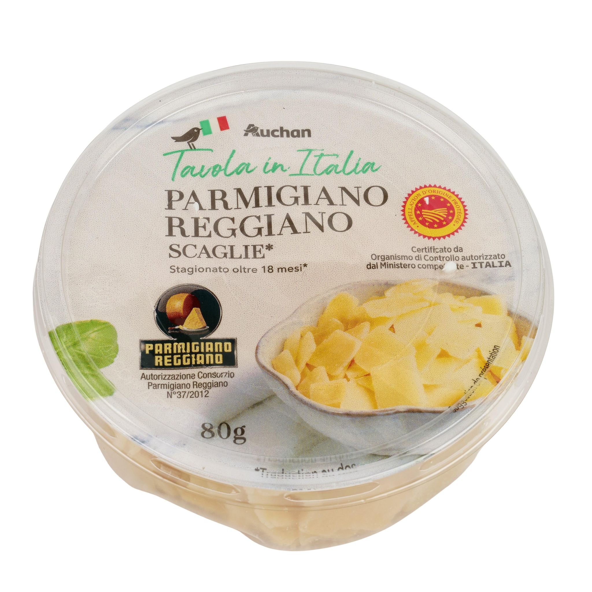 Voir la diapositive 5 : AUCHAN TAVOLA IN ITALIA Parmigiano Reggiano copeaux AOP 18 mois 80g