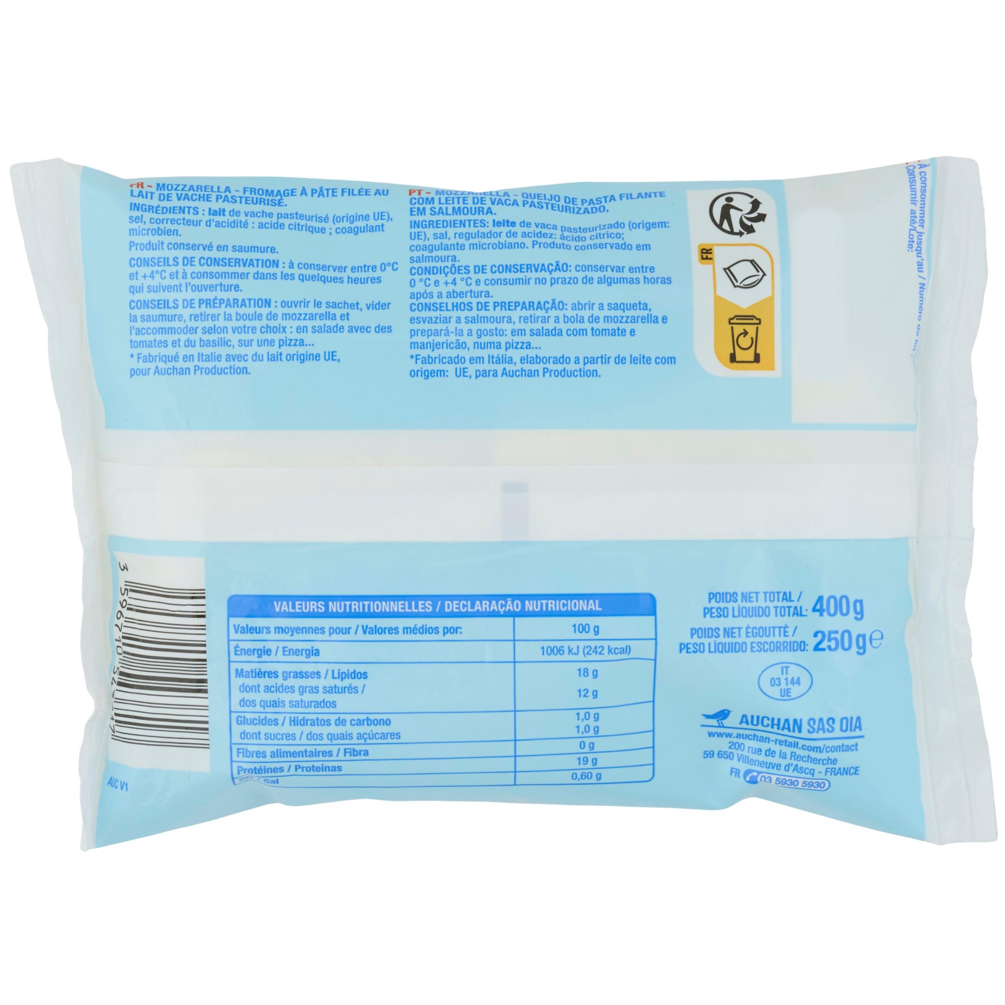 Voir la diapositive 2 : AUCHAN Maxi Mozzarella 250g