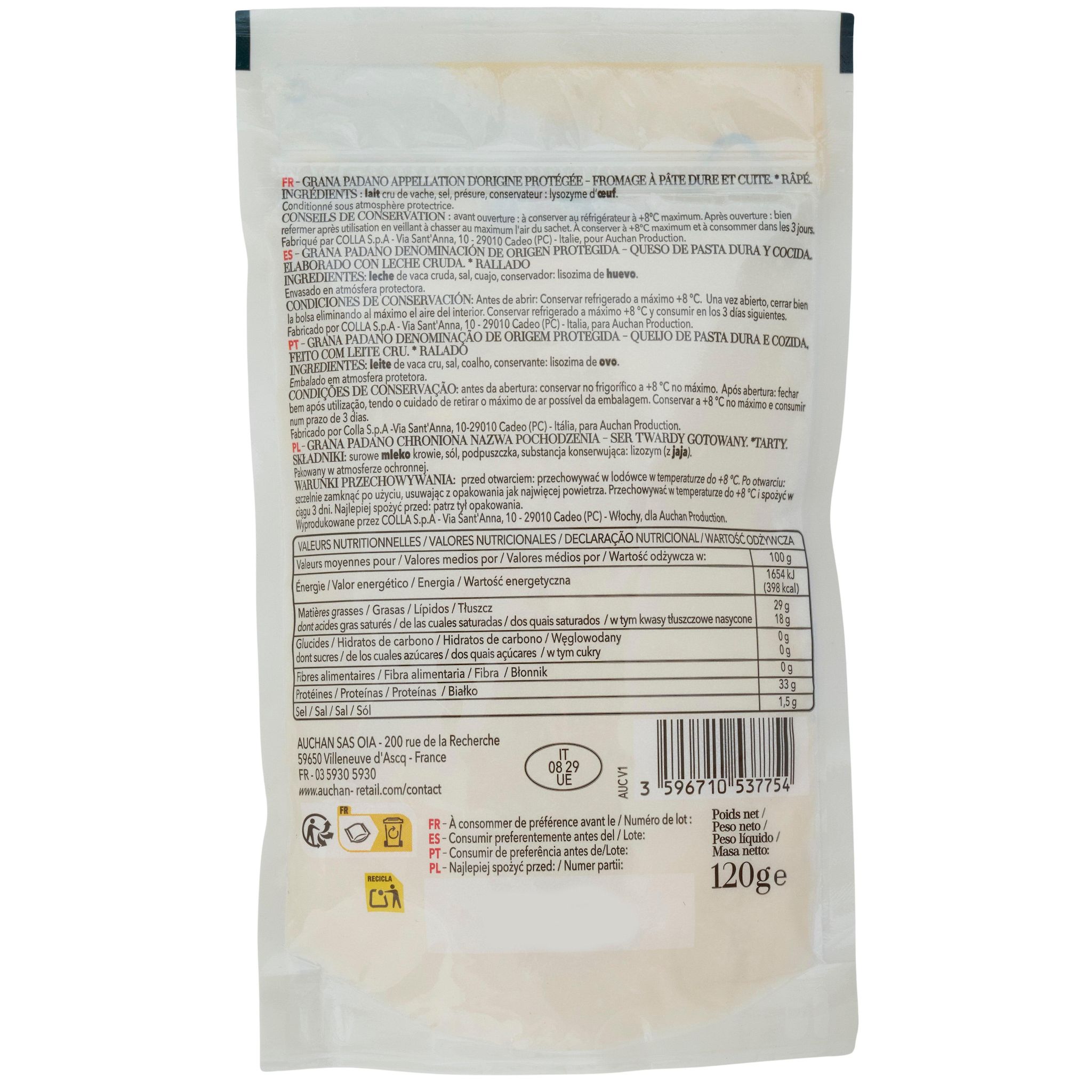 Voir la diapositive 2 : AUCHAN TAVOLA IN ITALIA Tavola Italia Grana 120g