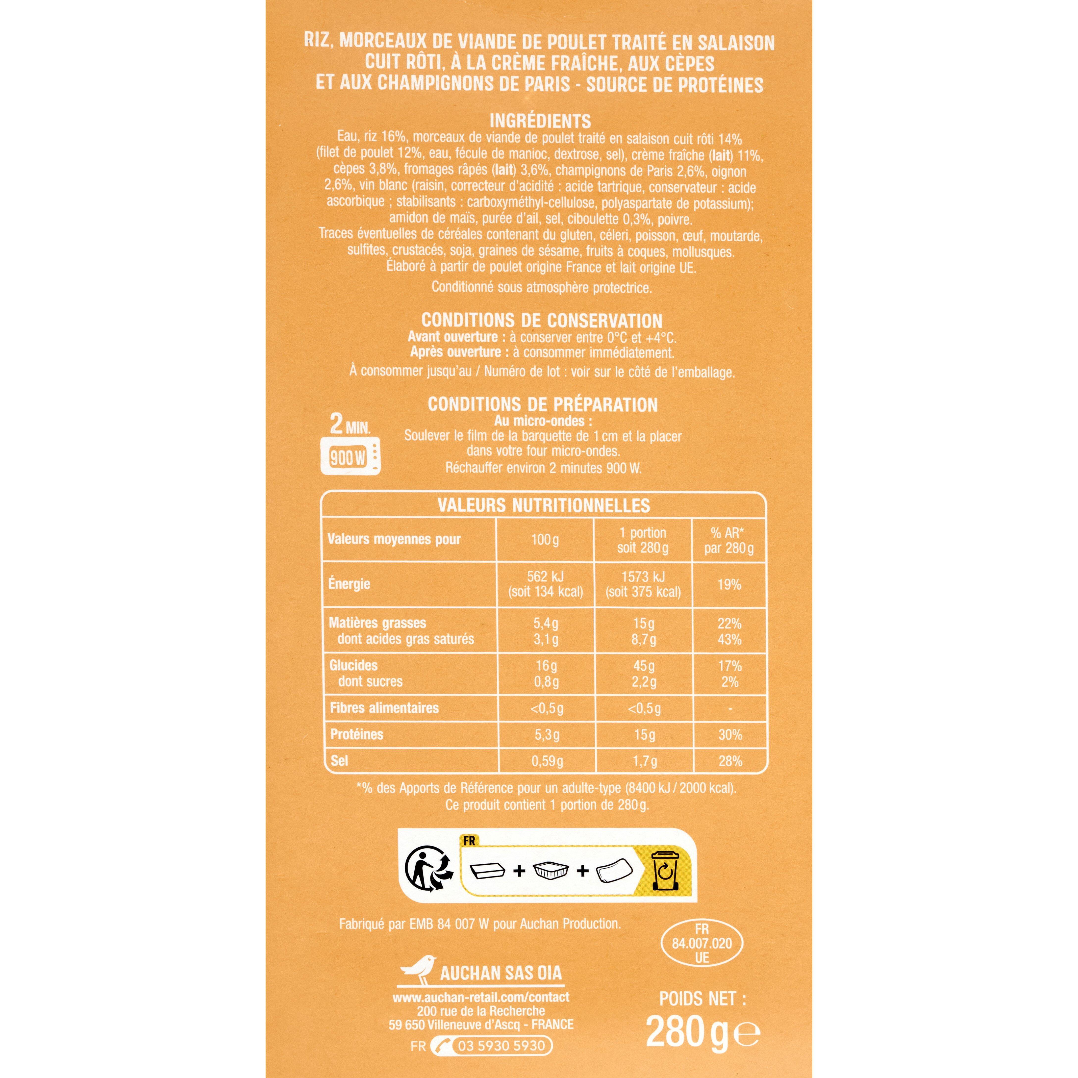 Voir la diapositive 2 : AUCHAN Risotto au poulet et aux cèpes 1 part 280g