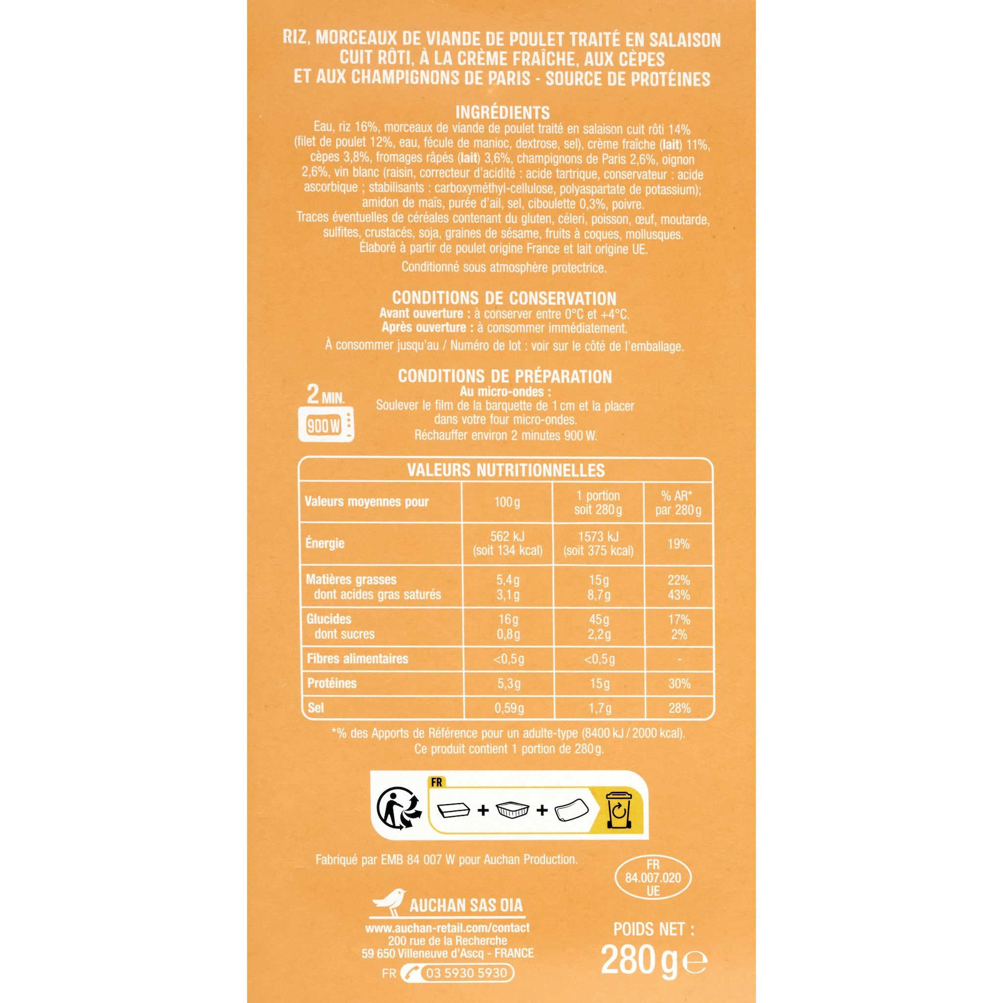 Voir la diapositive 2 : AUCHAN Risotto au poulet et aux cèpes 1 part 280g