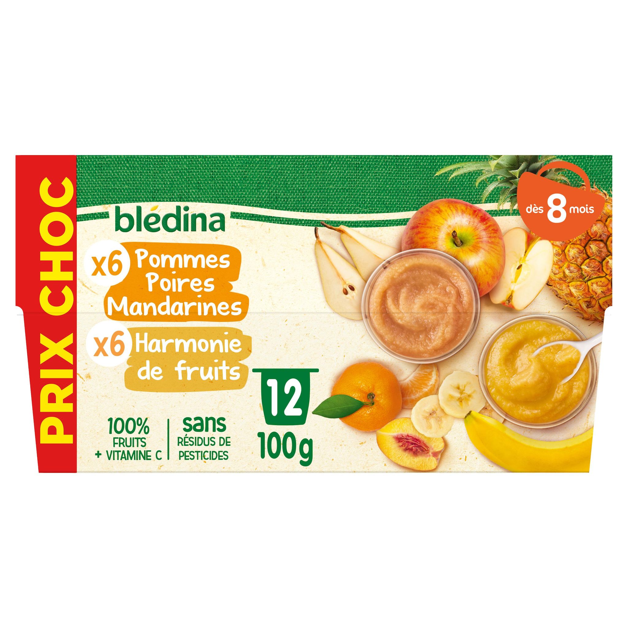 BLEDINA Coupelles fruits pommes poires mandarines et harmonie de fruits dès 8 mois 12x100g