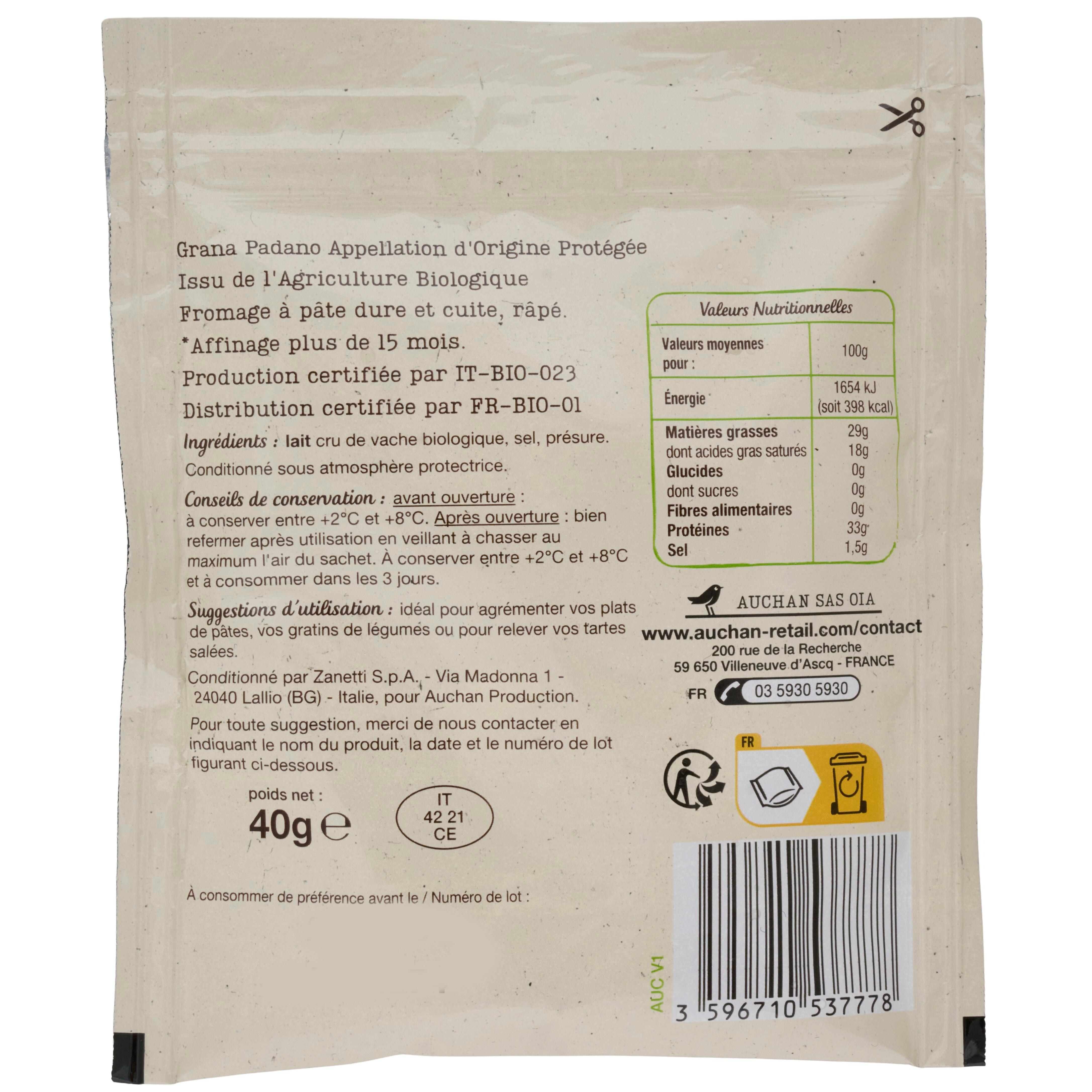 Voir la diapositive 3 : AUCHAN BIO Bio Grana Padano Rapé 40g