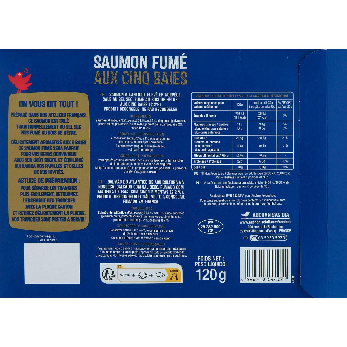 AUCHAN Saumon fumé aux cinq baies 4 tranches 120g