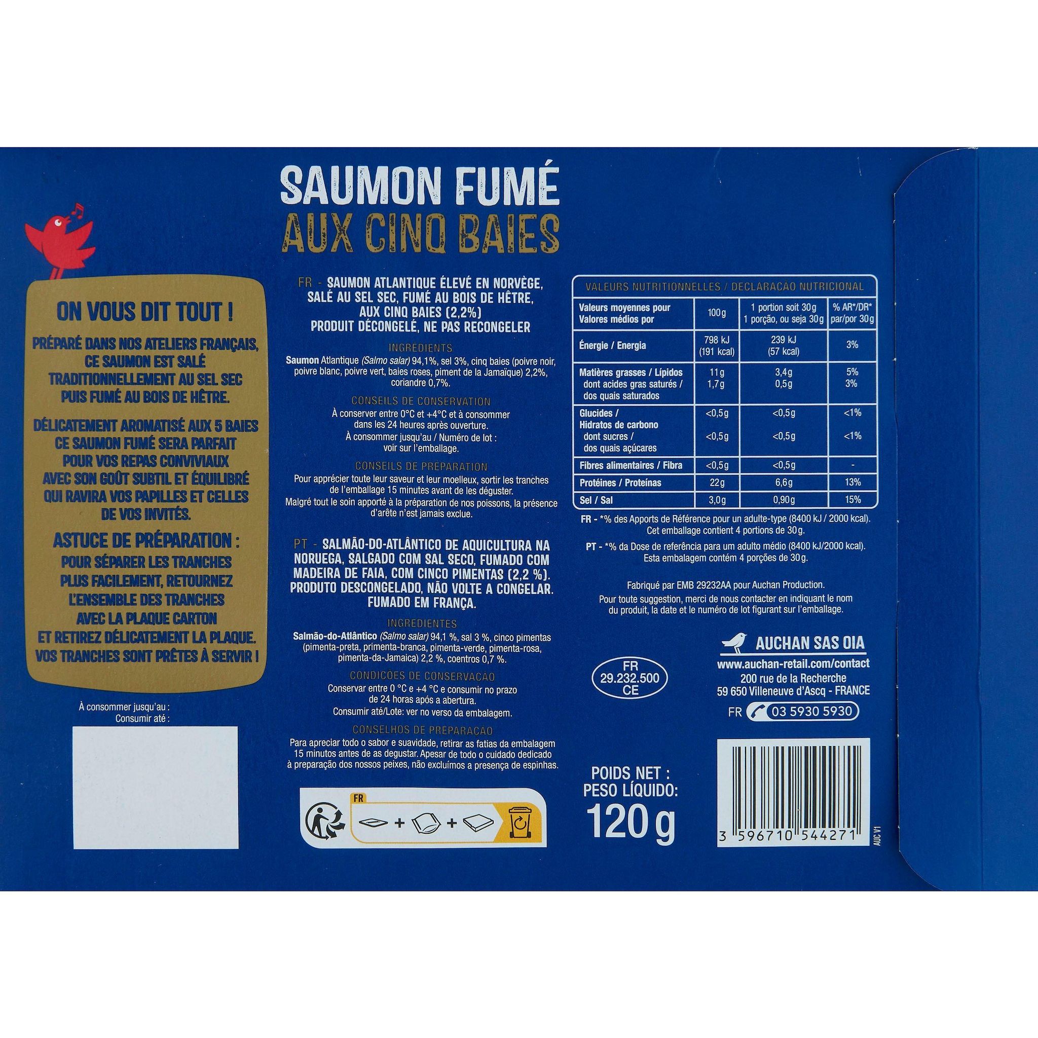 Voir la diapositive 2 : AUCHAN Saumon fumé aux cinq baies 4 tranches 120g