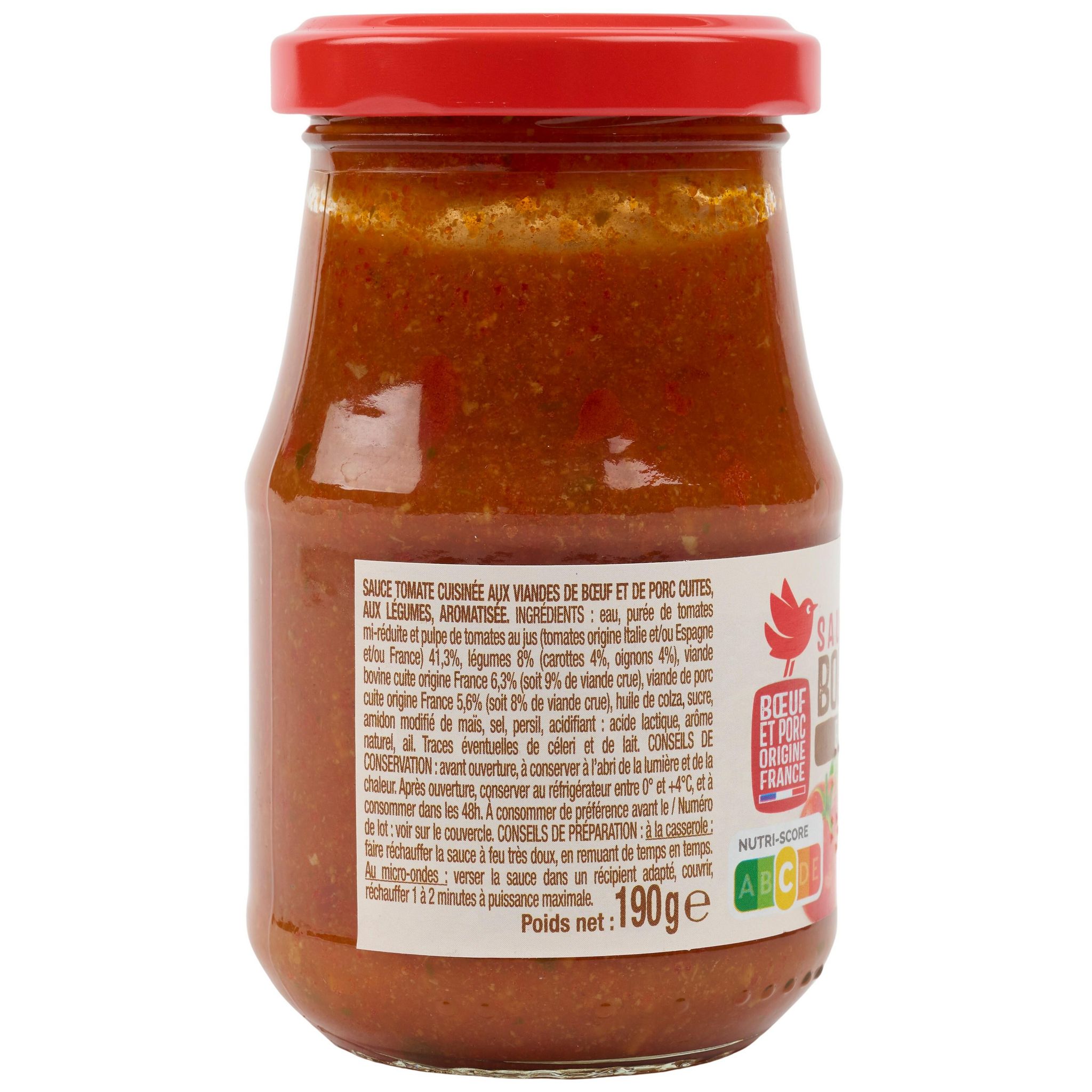 Voir la diapositive 2 : AUCHAN Sauce bolognaise porc boeuf 190g