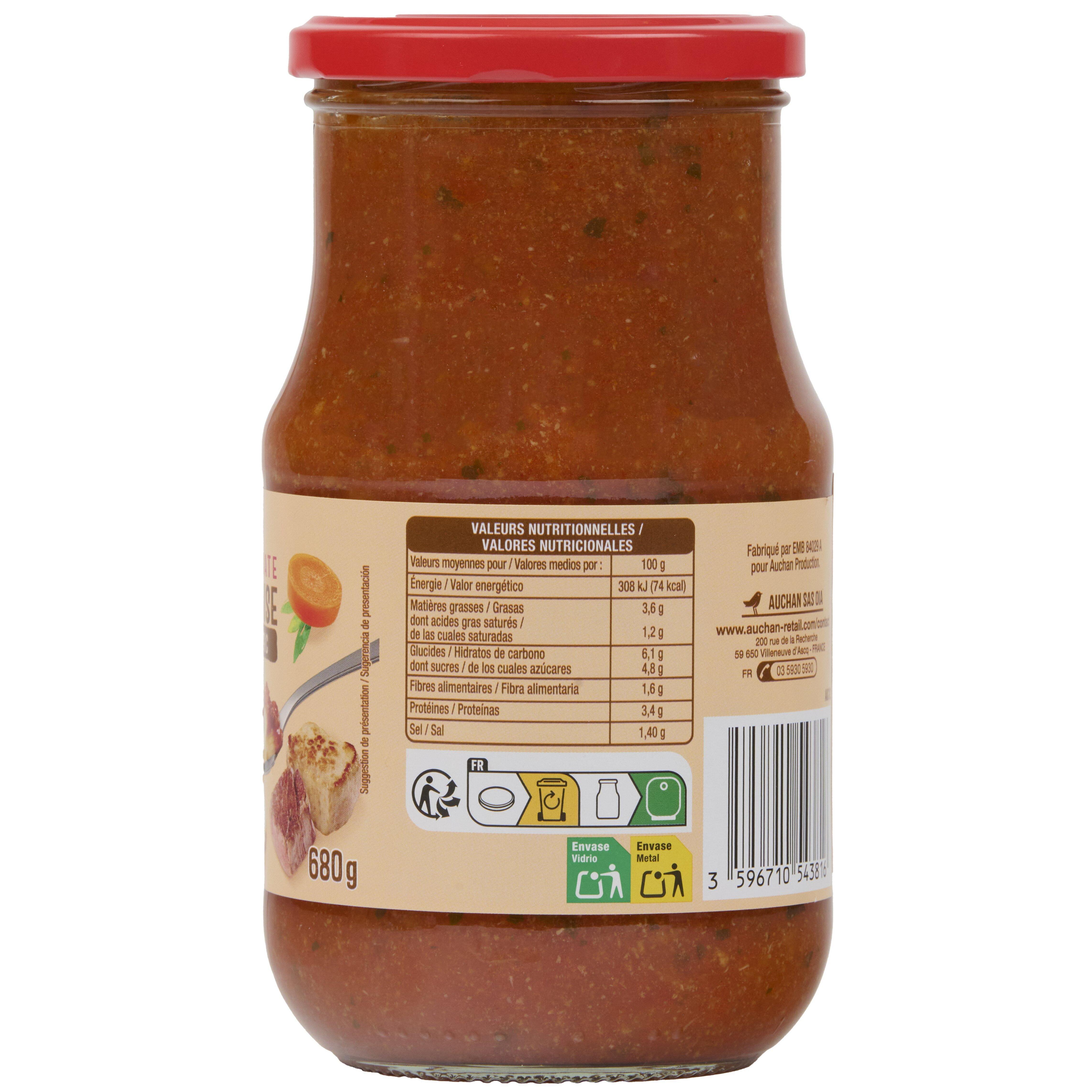 Voir la diapositive 2 : AUCHAN Sauce tomate bolognaise boeuf et porc 680g