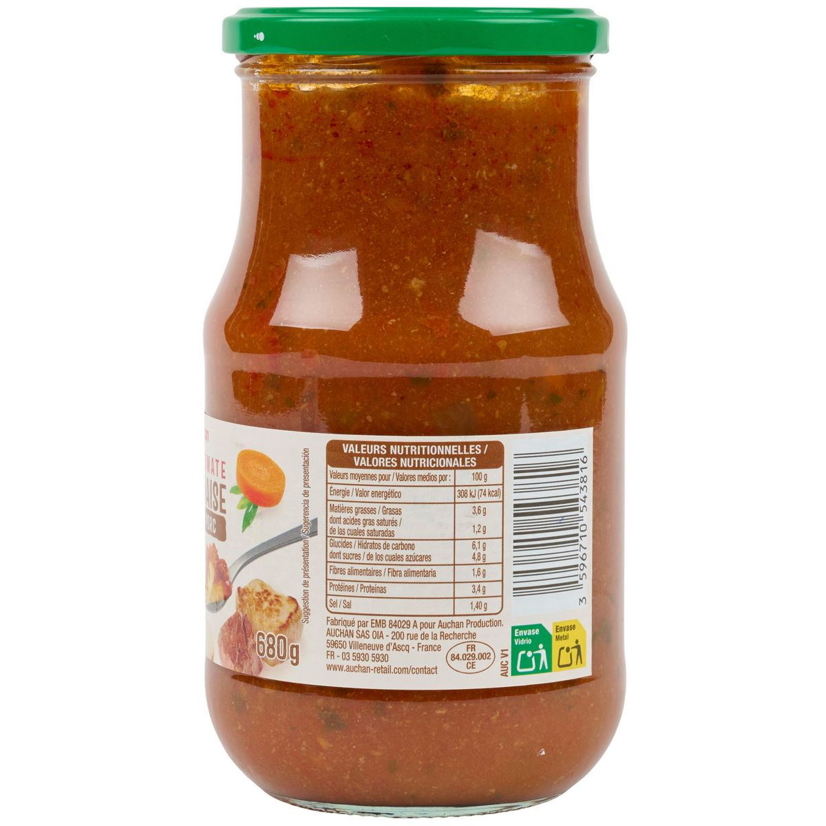 AUCHAN Sauce tomate bolognaise boeuf et porc 680g