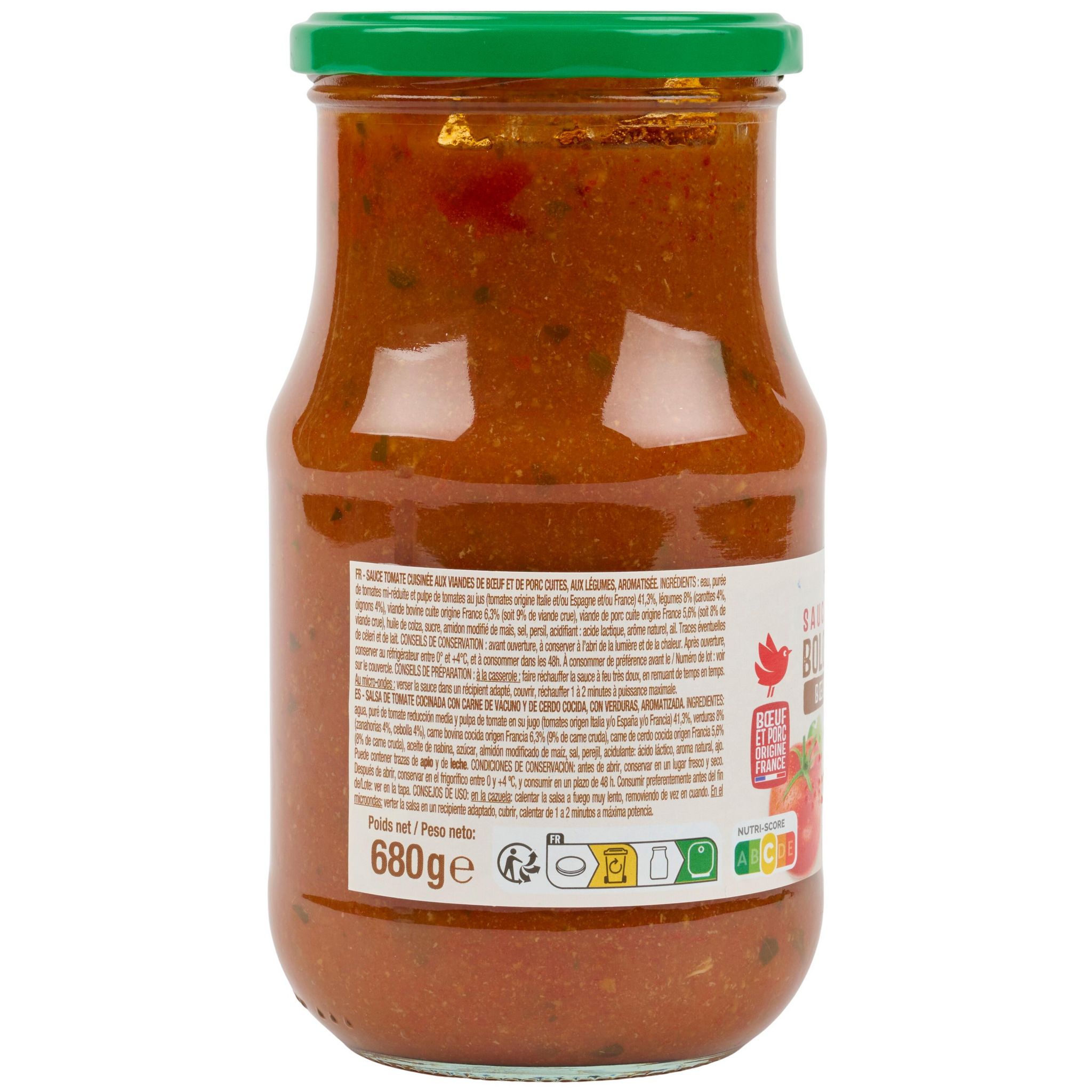 Voir la diapositive 4 : AUCHAN Sauce tomate bolognaise boeuf et porc 680g