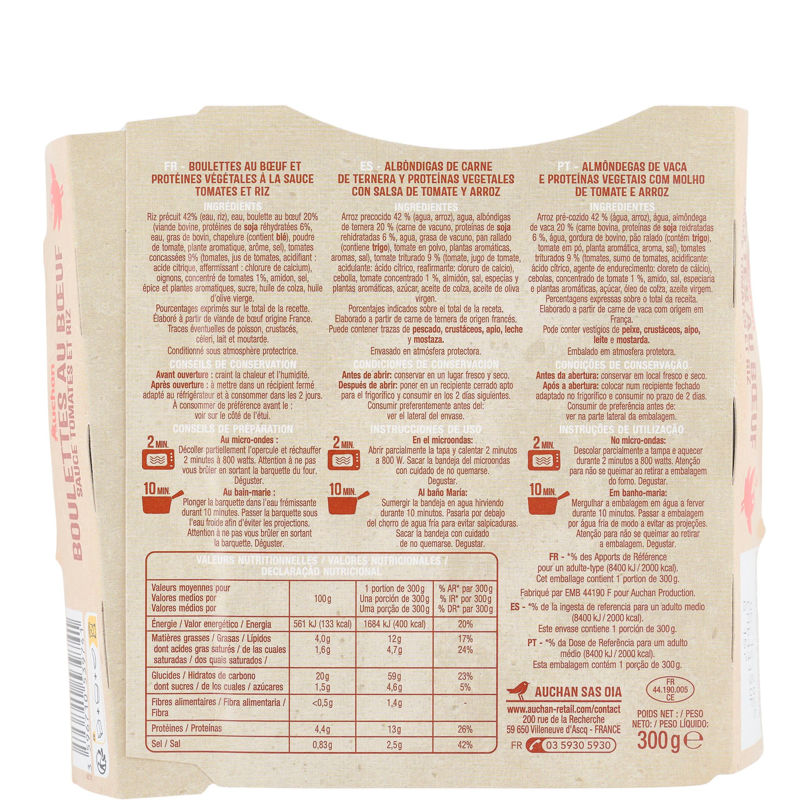 Voir la diapositive 2 : AUCHAN Boulettes au boeuf et sauce tomates et riz 1 portion 300g