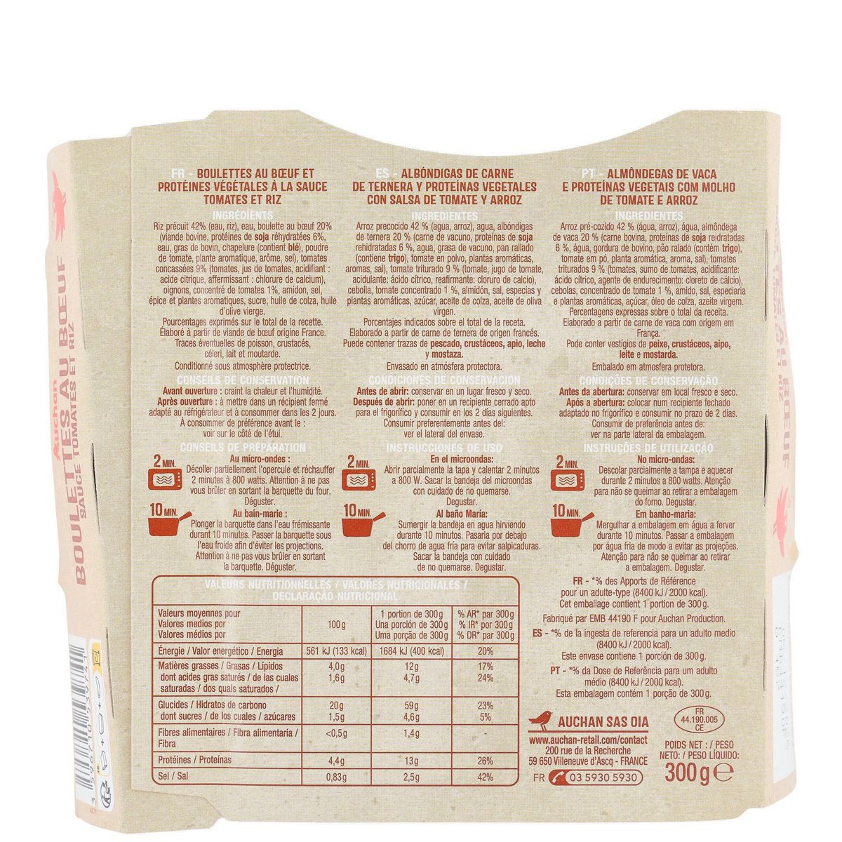 AUCHAN Boulettes au boeuf et sauce tomates et riz 300g