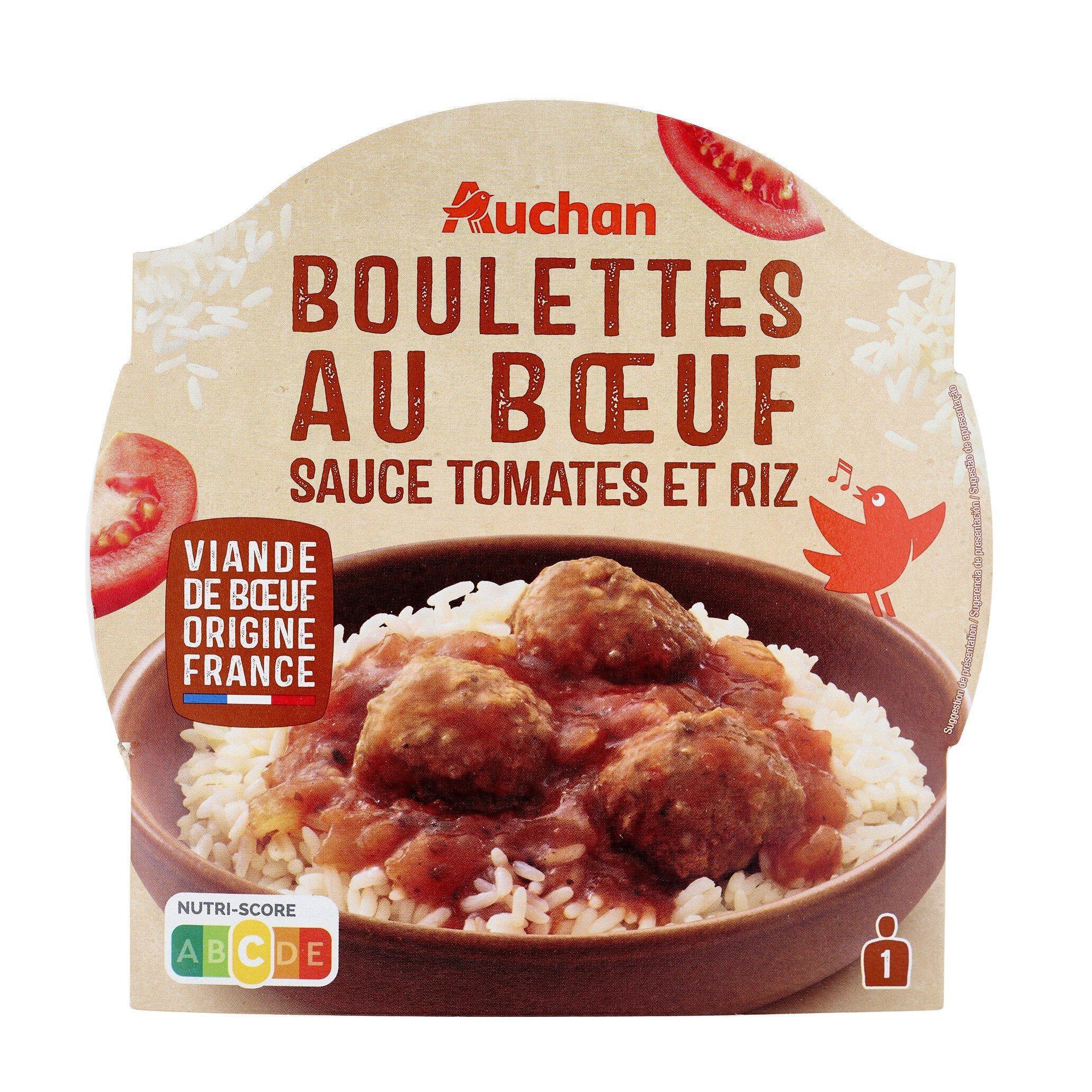 Voir la diapositive 3 : AUCHAN Boulettes au boeuf et sauce tomates et riz 1 portion 300g