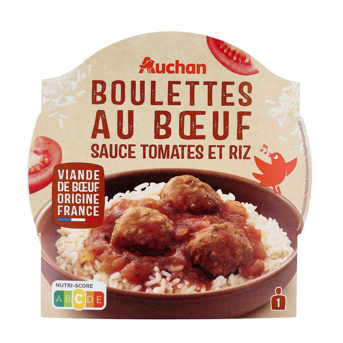 AUCHAN Boulettes au boeuf et sauce tomates et riz 300g