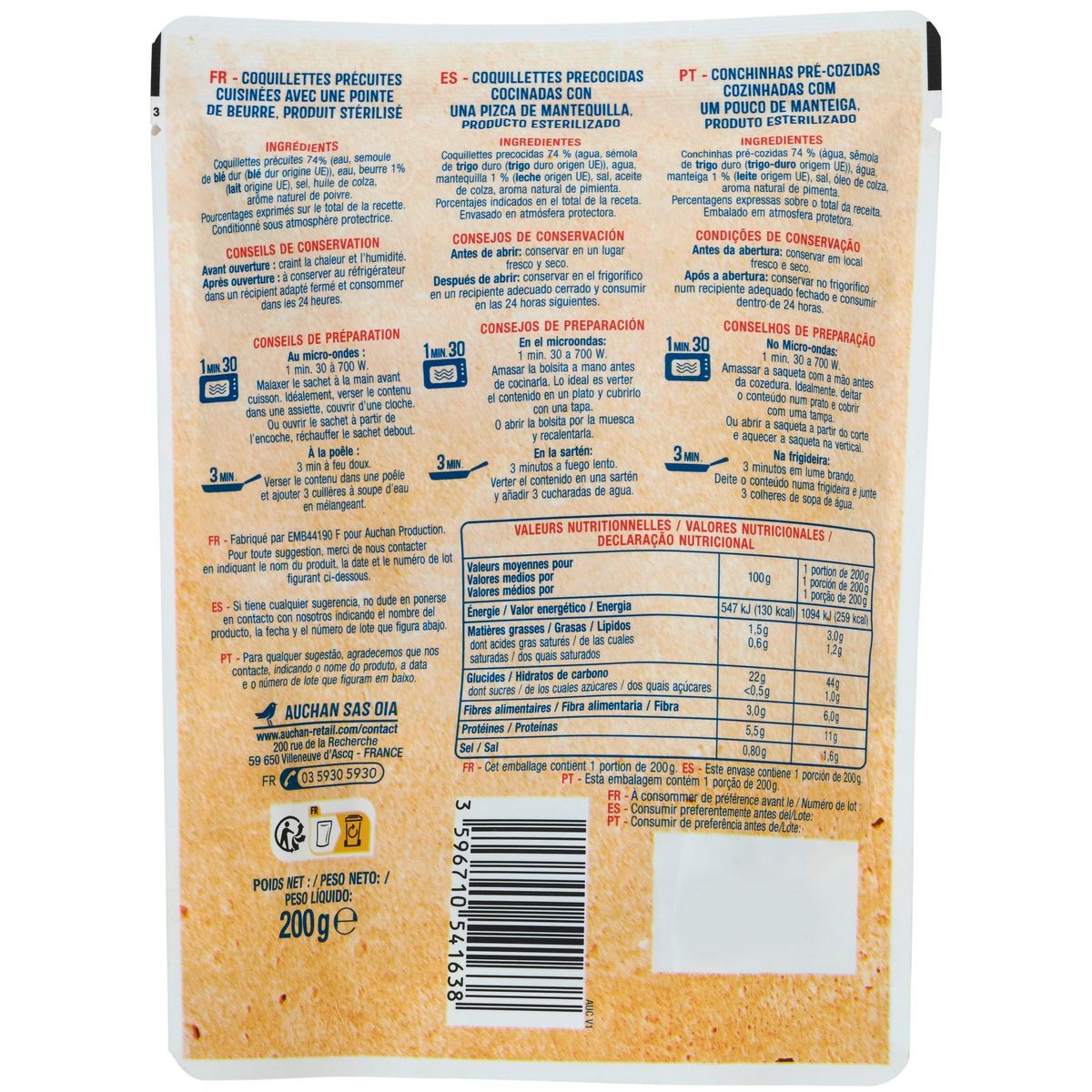 AUCHAN Coquillettes au beurre 1 portion 200g