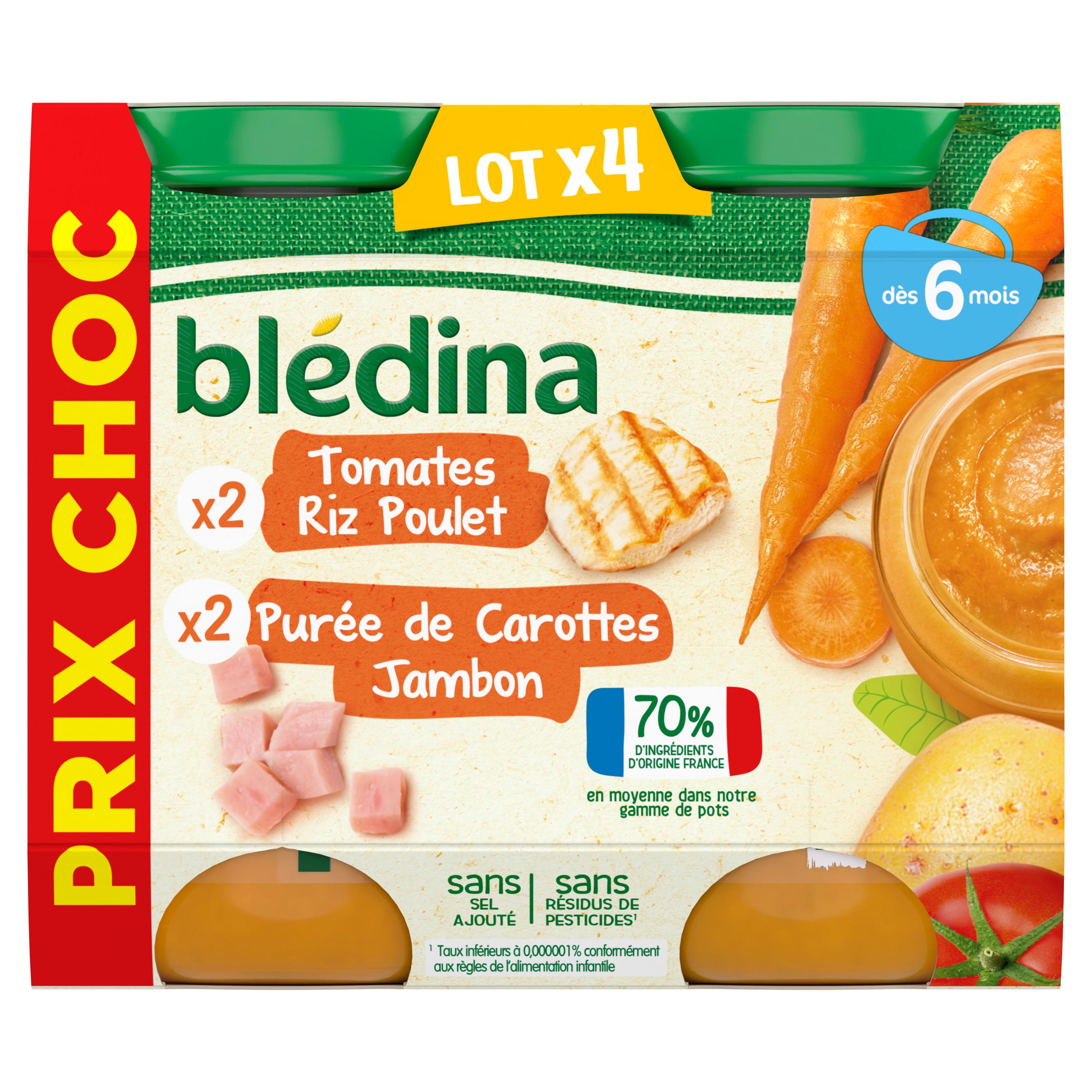 BLEDINA Petit pot tomates riz poulet et purée de carottes jambon 4 petits pots