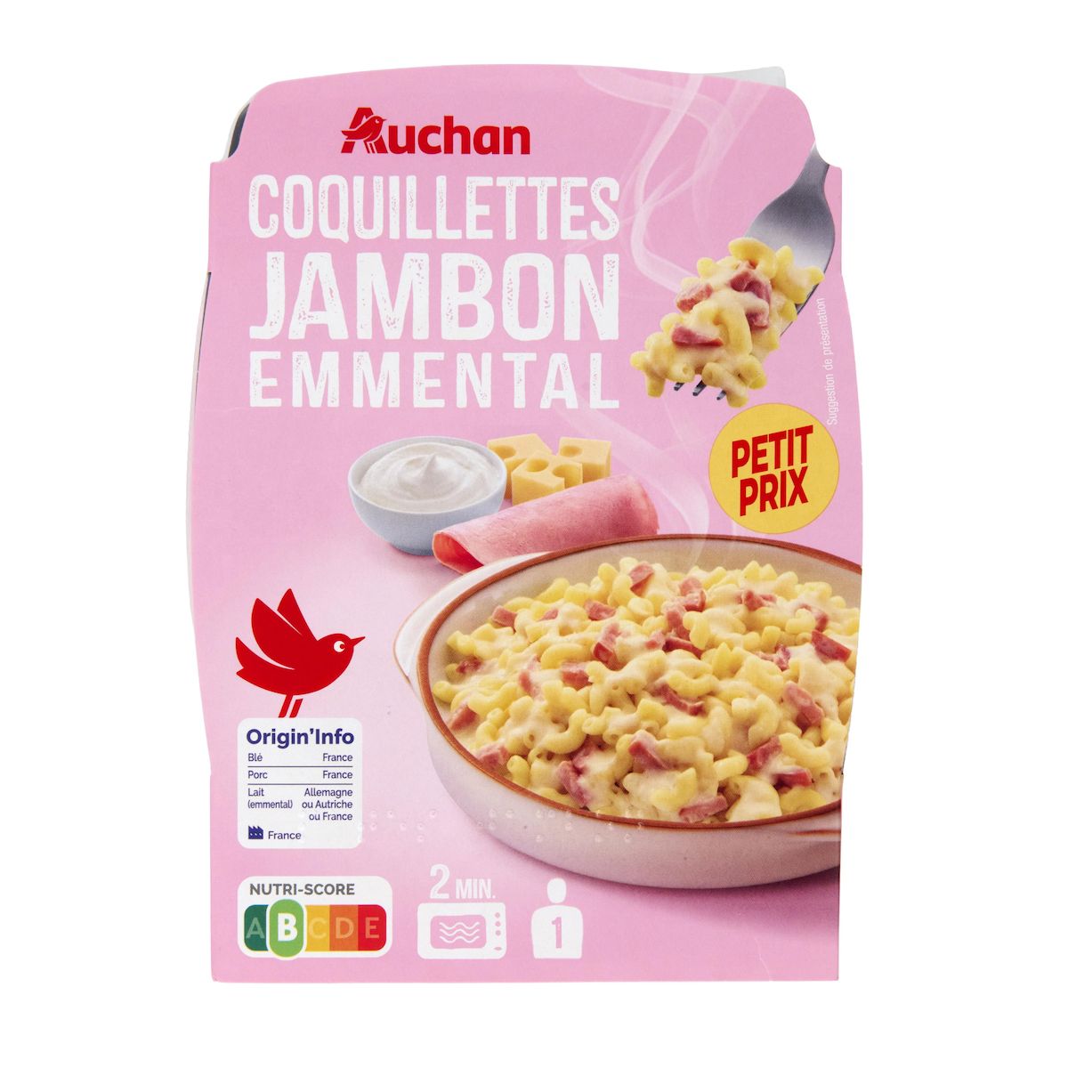 AUCHAN Coquillettes jambon emmental 1 part 280g
