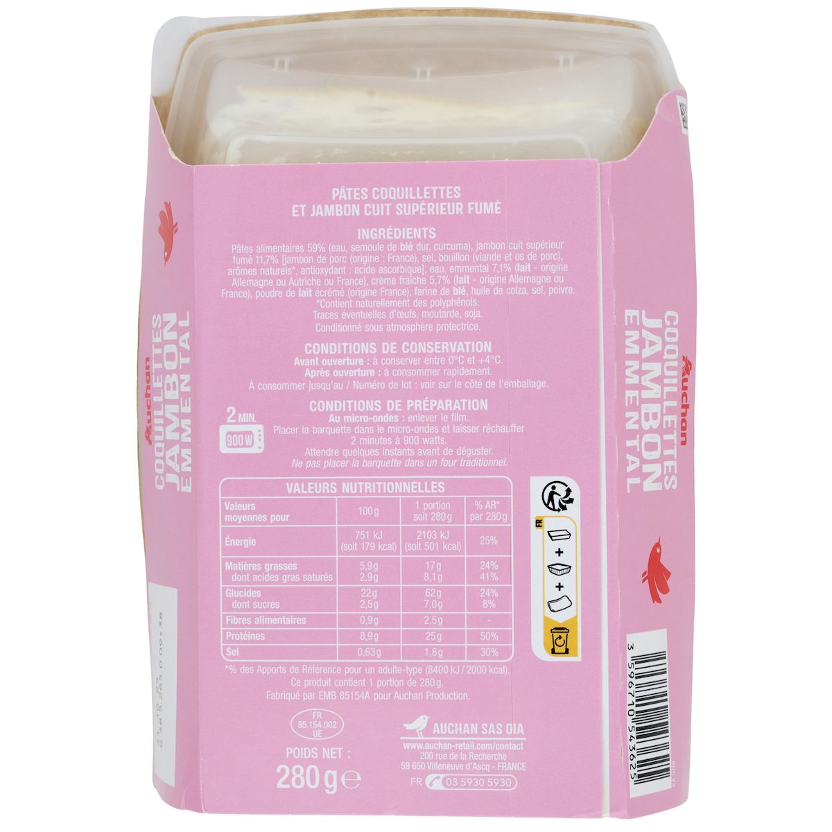 AUCHAN Coquillettes jambon emmental 1 part 280g