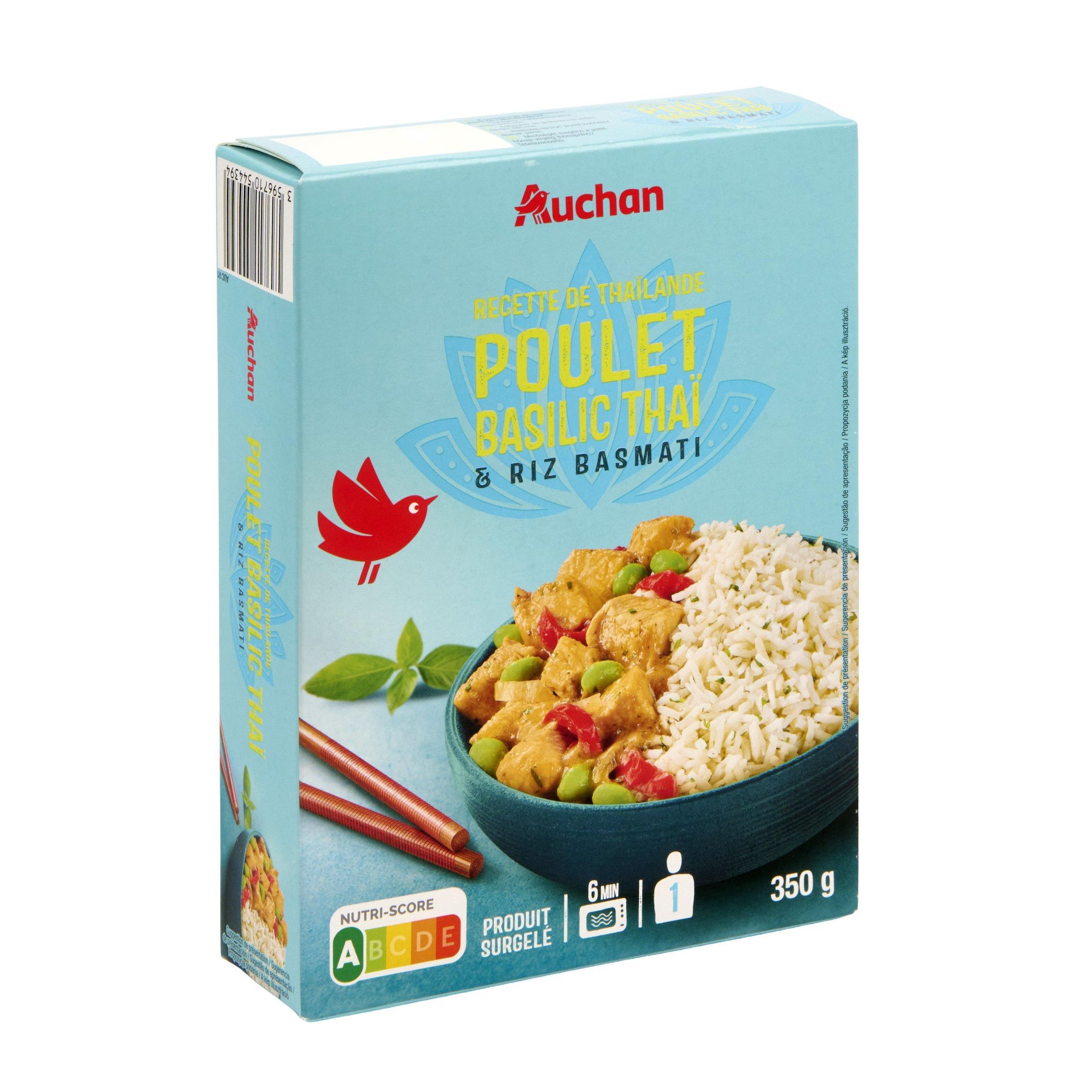 Voir la diapositive 2 : AUCHAN Poulet basilic thaï riz 350g