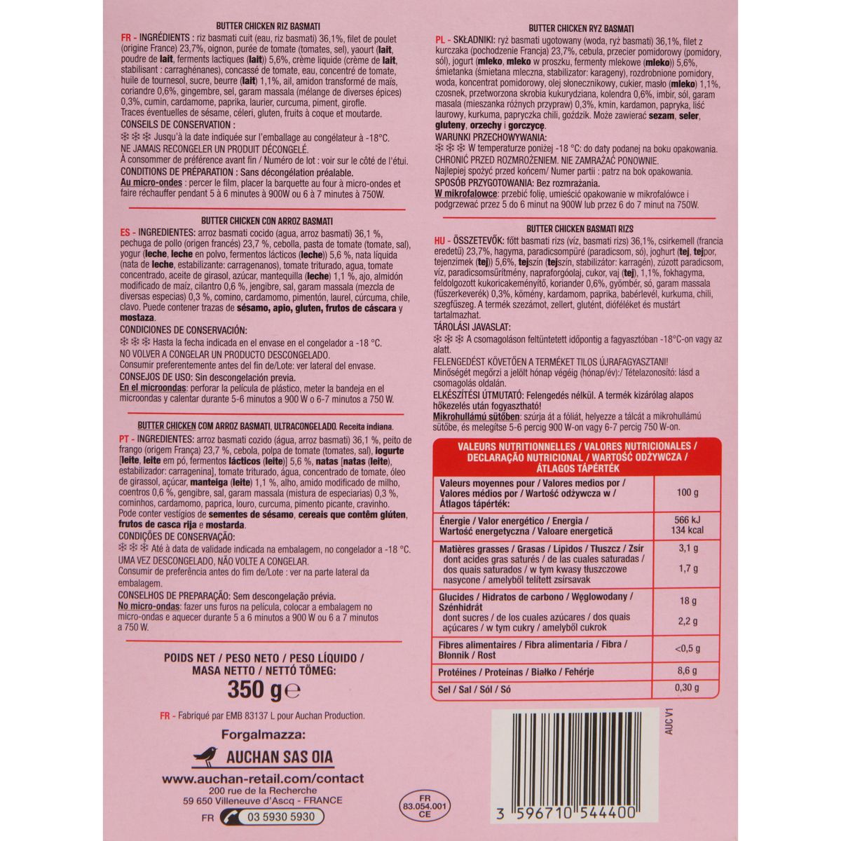 AUCHAN Butter chicken riz basmati 350g