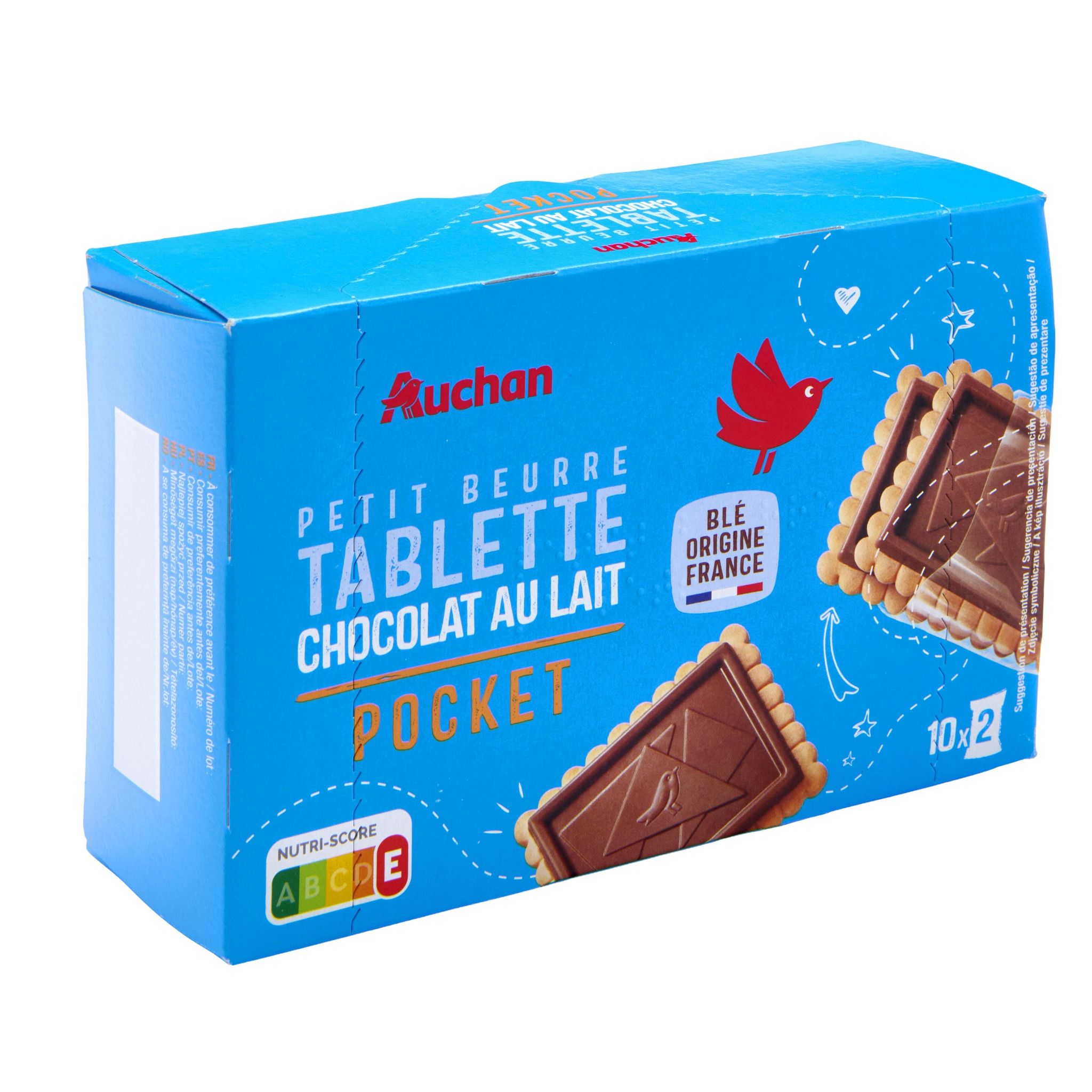 Voir la diapositive 2 : AUCHAN Pocket Biscuits petit beurre avec tablette chocolat au lait sachets fraîcheur 10x2 biscuits 250g