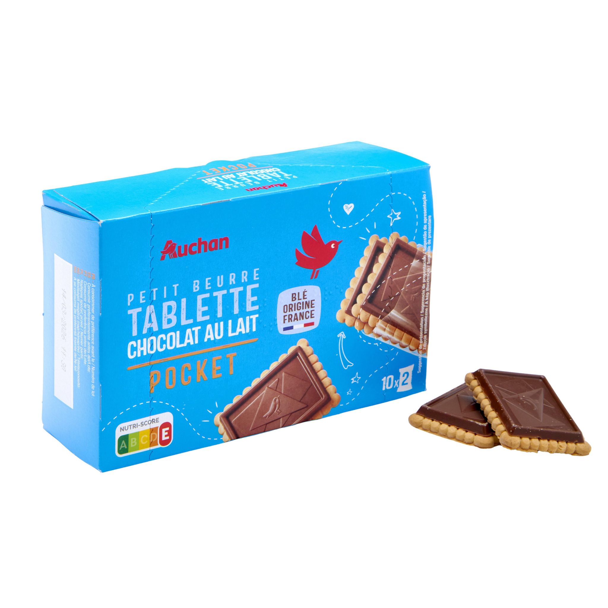 Voir la diapositive 3 : AUCHAN Pocket Biscuits petit beurre avec tablette chocolat au lait sachets fraîcheur 10x2 biscuits 250g