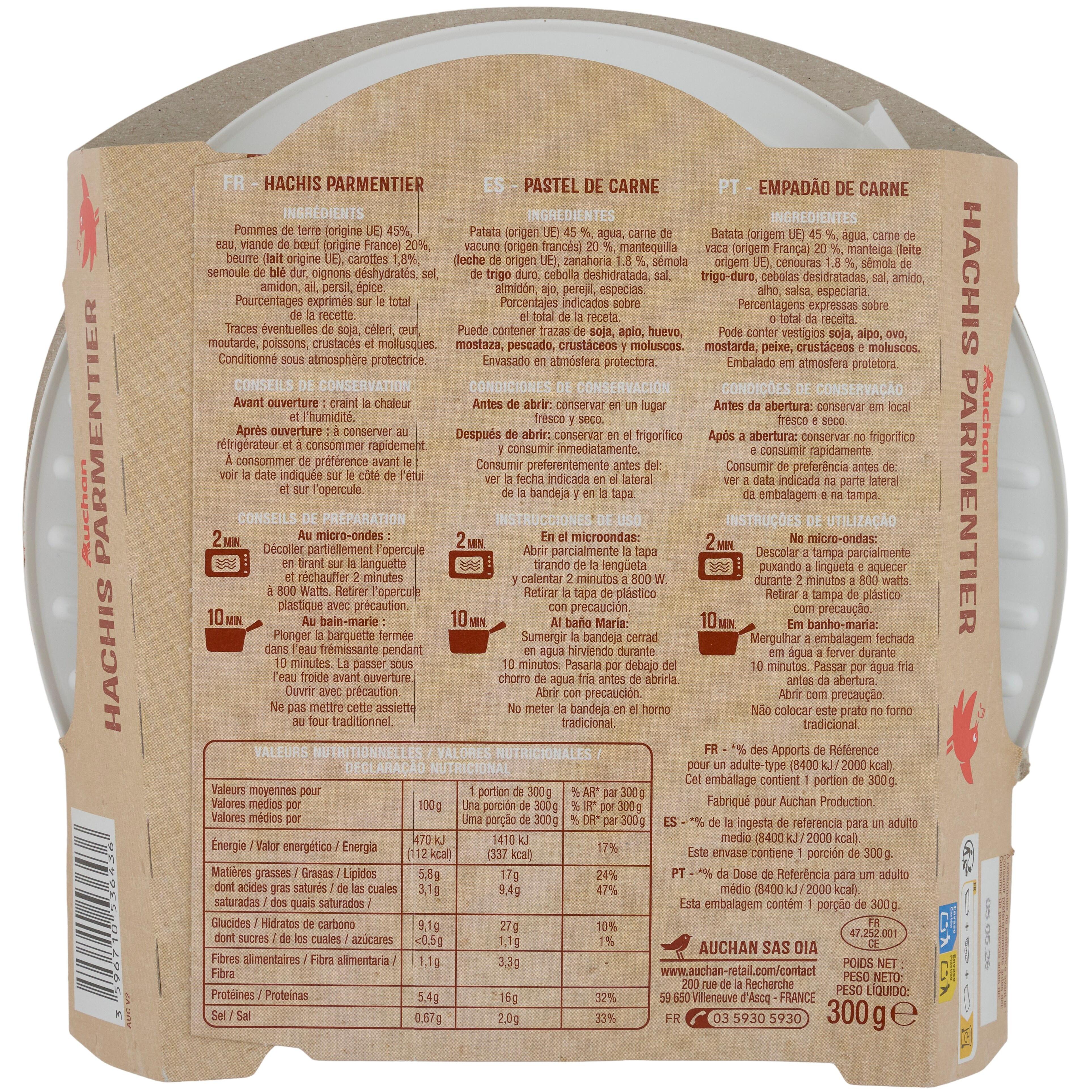 Voir la diapositive 2 : AUCHAN Hachis parmentier 1 portion 300g