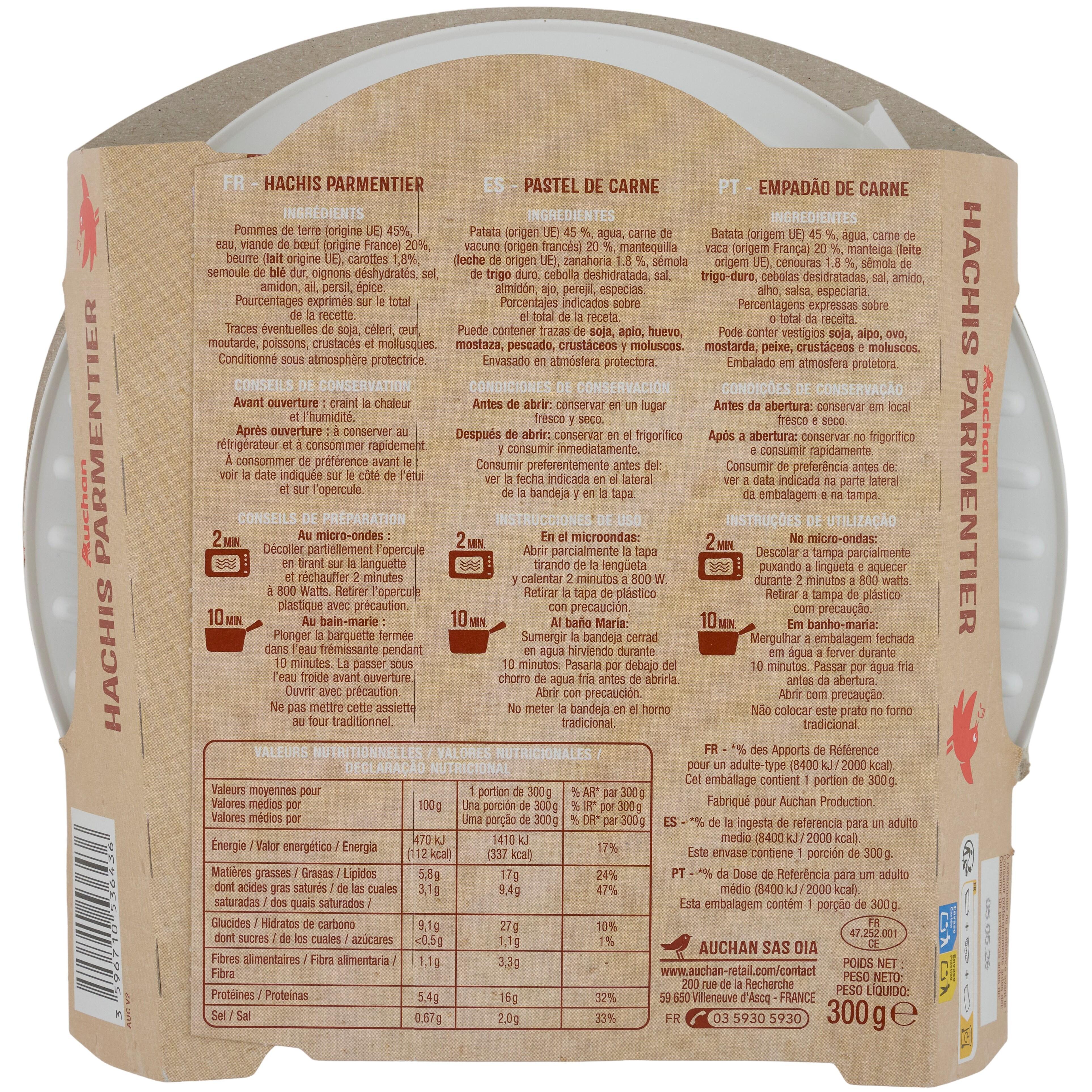 Voir la diapositive 3 : AUCHAN Hachis parmentier 1 portion 300g