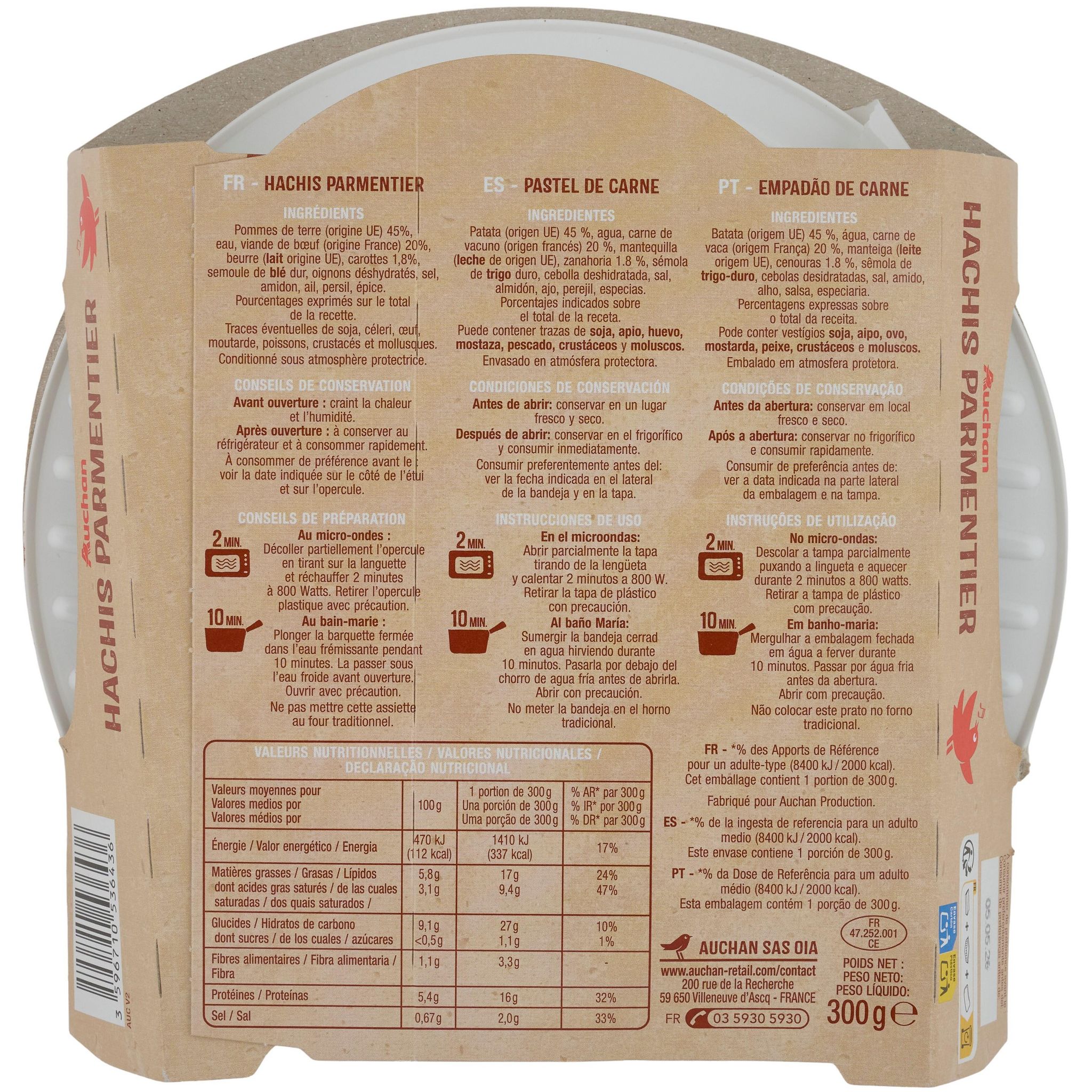 Voir la diapositive 3 : AUCHAN Hachis parmentier 1 portion 300g