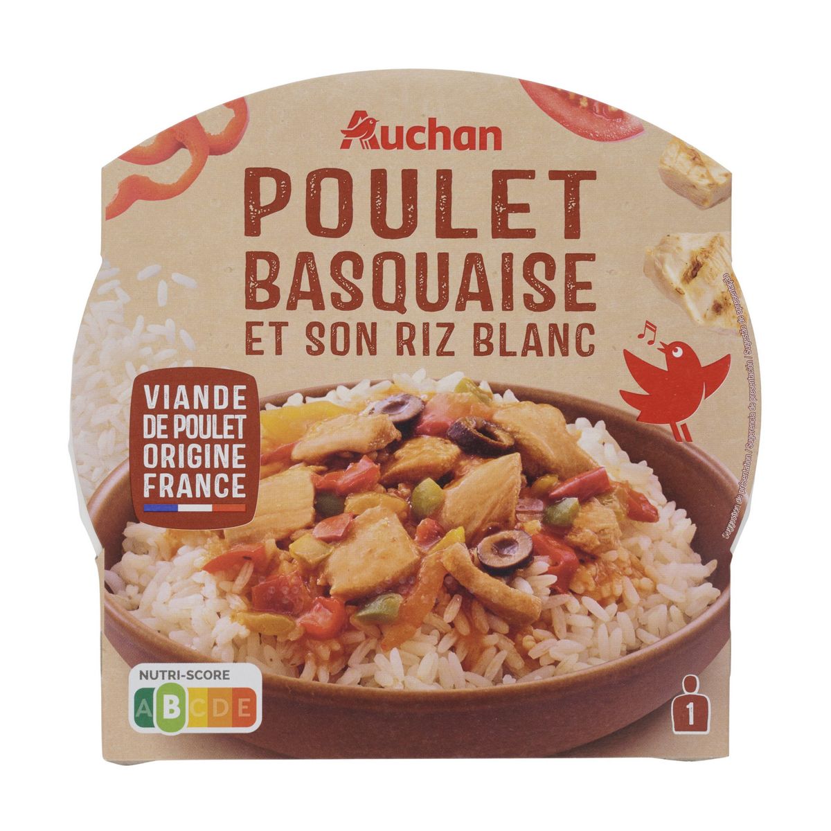 AUCHAN Poulet basquaise avec riz blanc 1 portion 285g