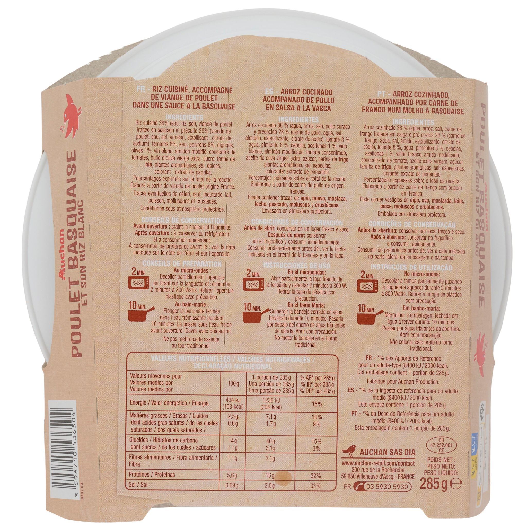 Voir la diapositive 2 : AUCHAN Poulet basquaise avec riz blanc 1 portion 285g