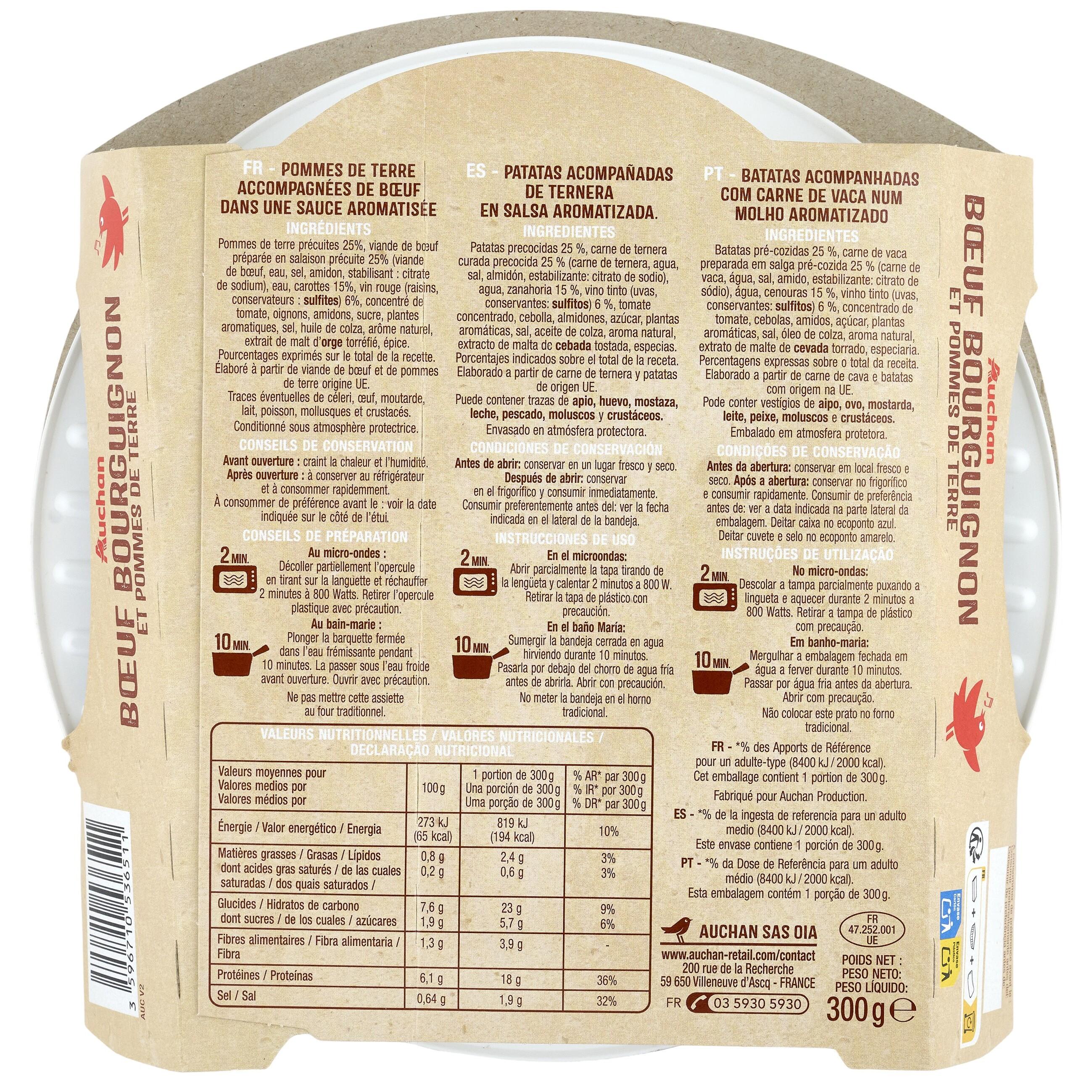 Voir la diapositive 2 : AUCHAN Boeuf bourguignon et pommes de terre 1 portion 300g