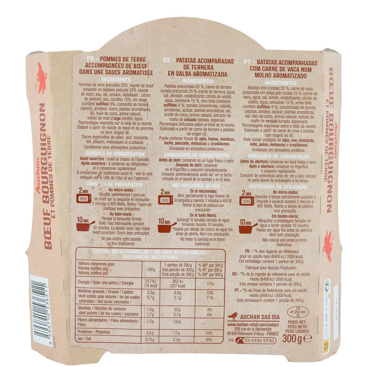 AUCHAN Boeuf bourguignon et pommes de terre 1 portion 300g