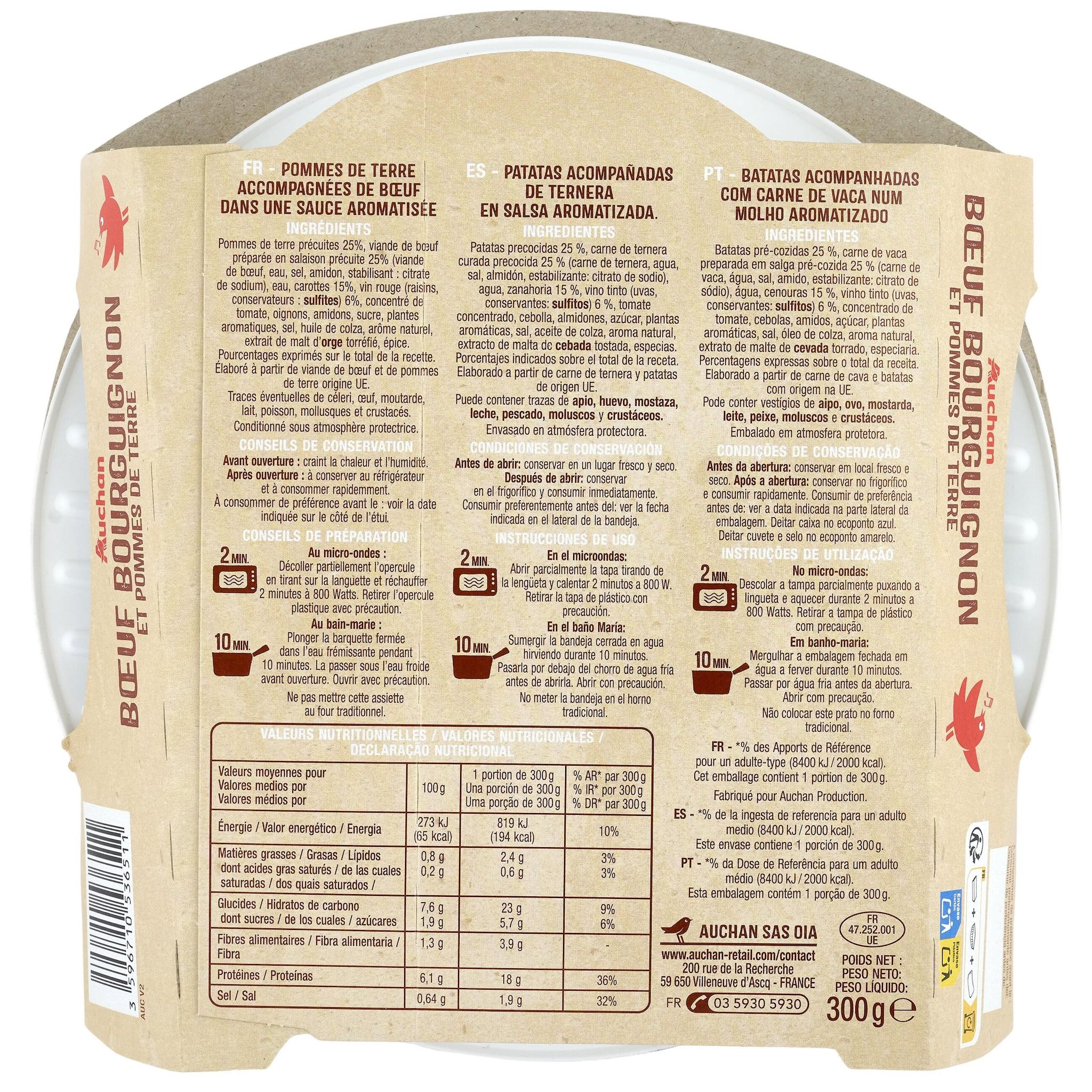 Voir la diapositive 2 : AUCHAN Boeuf bourguignon et pommes de terre 1 portion 300g