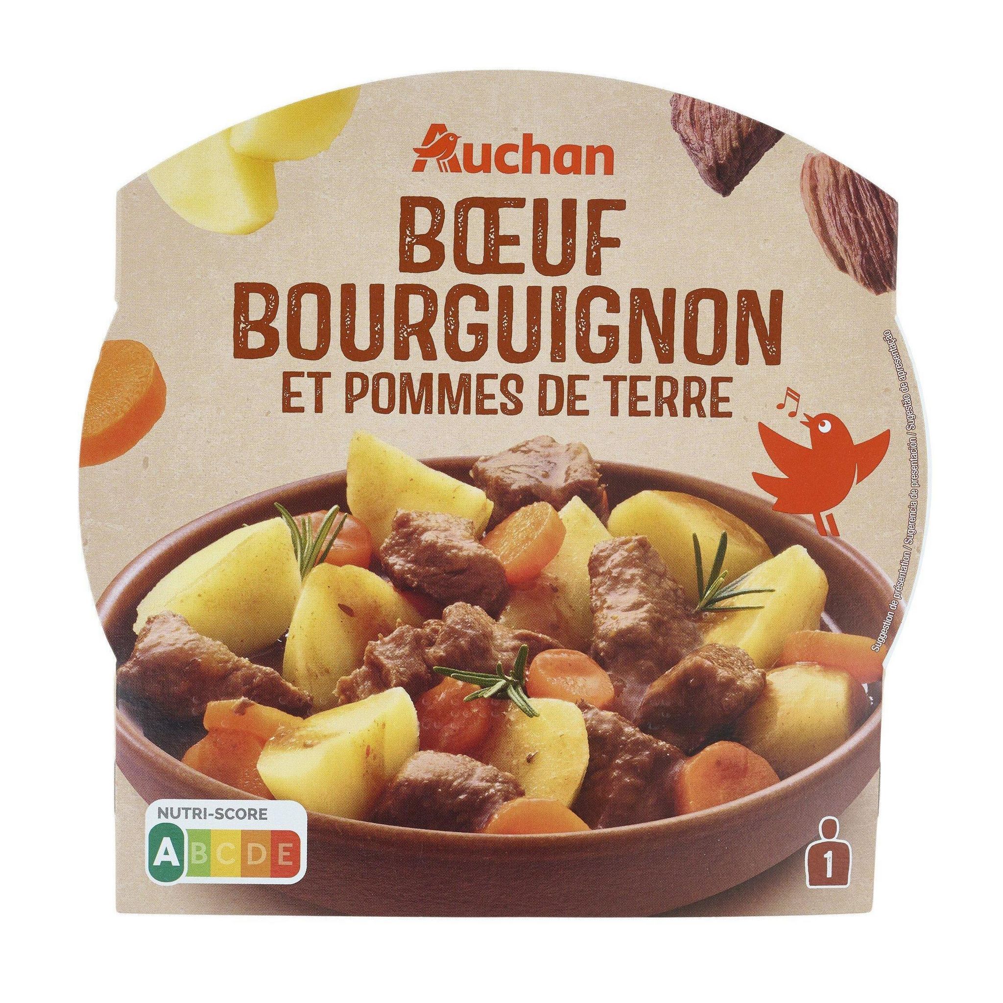 Voir la diapositive 3 : AUCHAN Boeuf bourguignon et pommes de terre 1 portion 300g