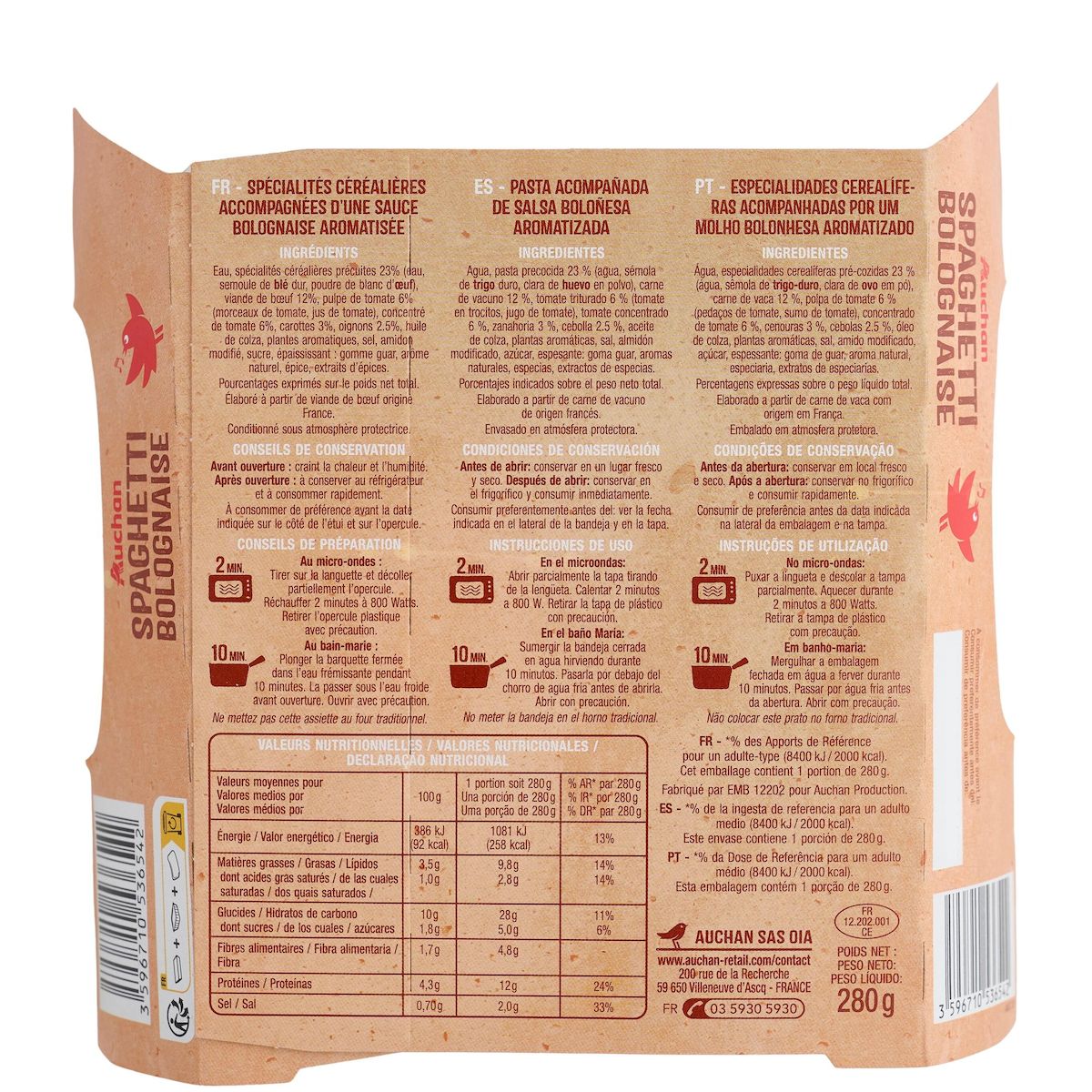 AUCHAN Spaghetti à la bolognaise 1 portion 280g