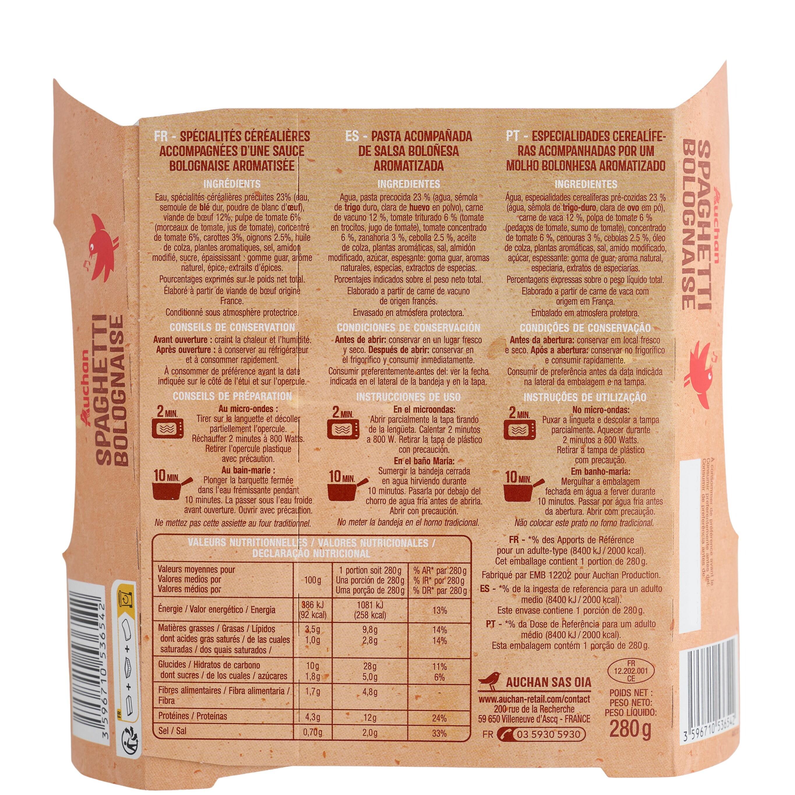 Voir la diapositive 3 : AUCHAN Spaghetti à la bolognaise 1 portion 280g