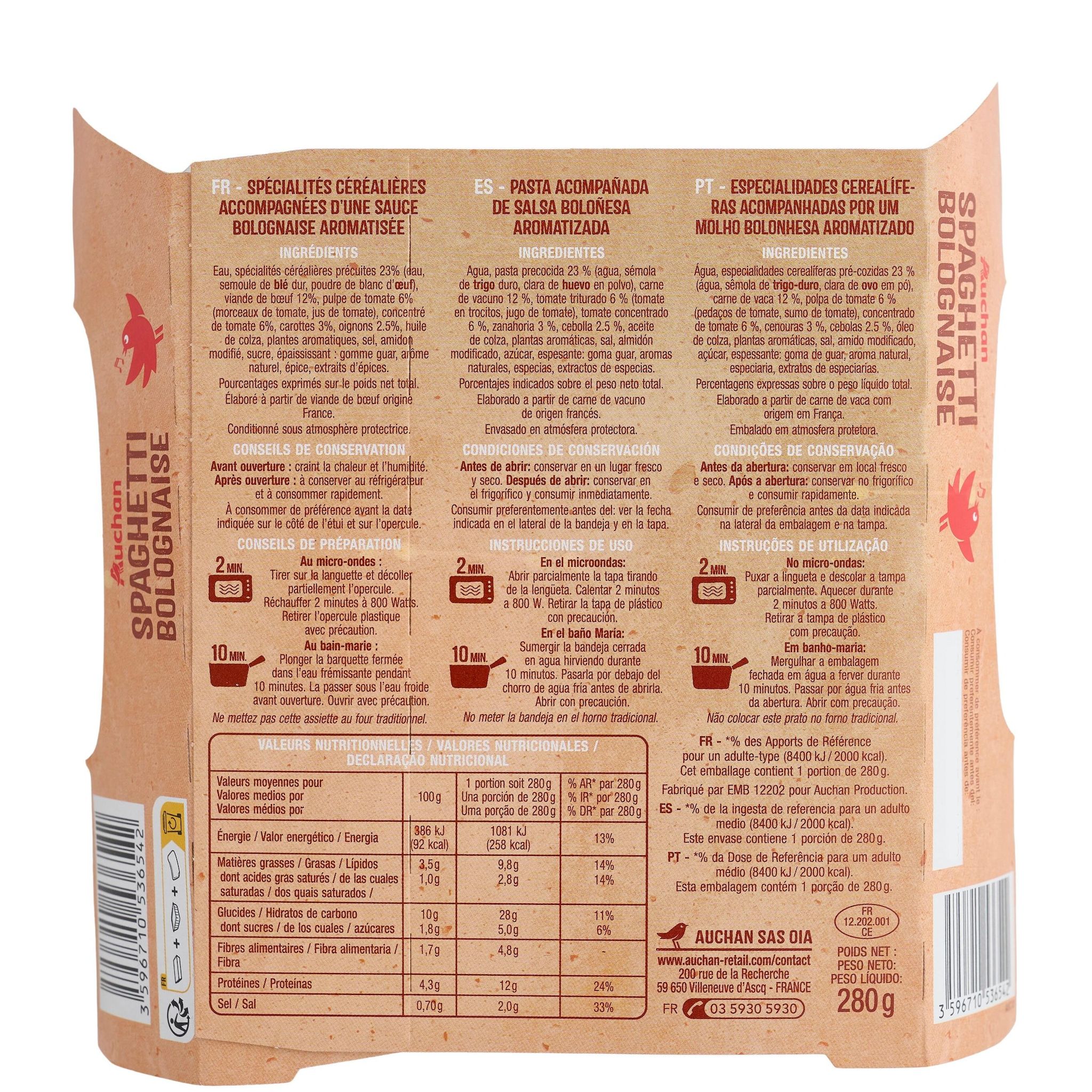 Voir la diapositive 3 : AUCHAN Spaghetti à la bolognaise 1 portion 280g