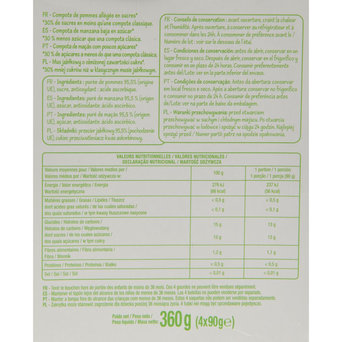 POUCE Compote de pommes allégée en sucres 4x90g