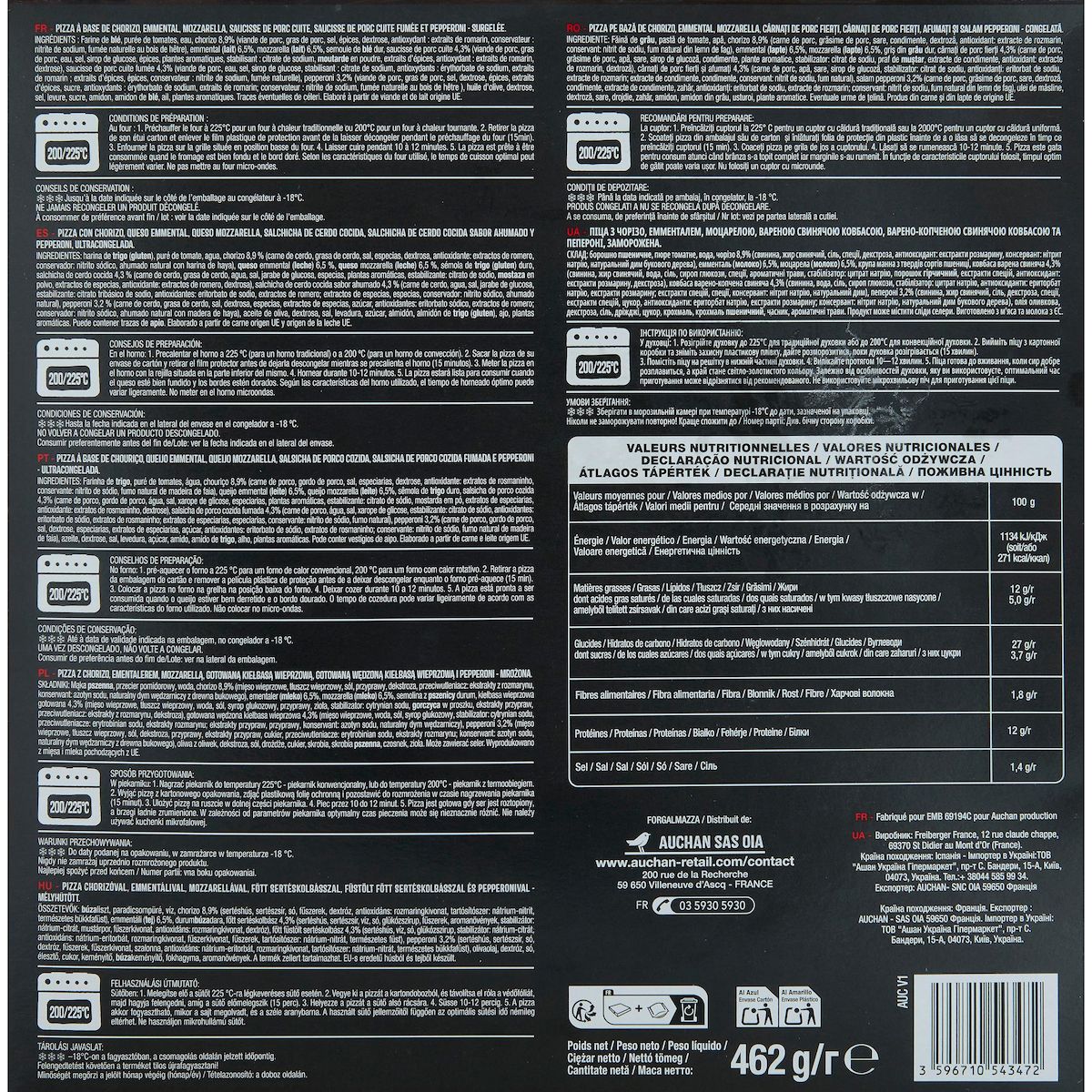 AUCHAN Pizza méga viandes 460g