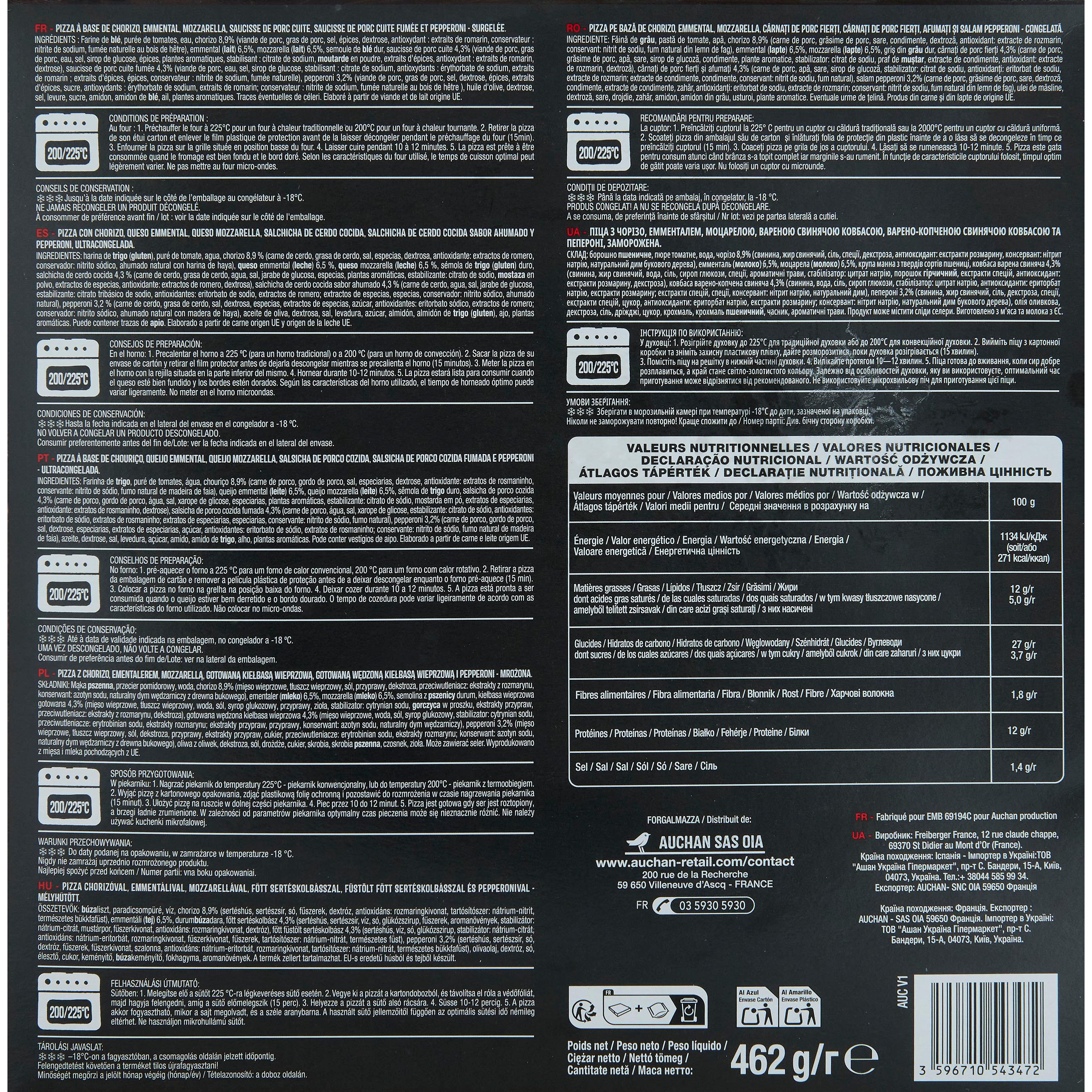 Voir la diapositive 3 : AUCHAN Pizza méga viandes 460g