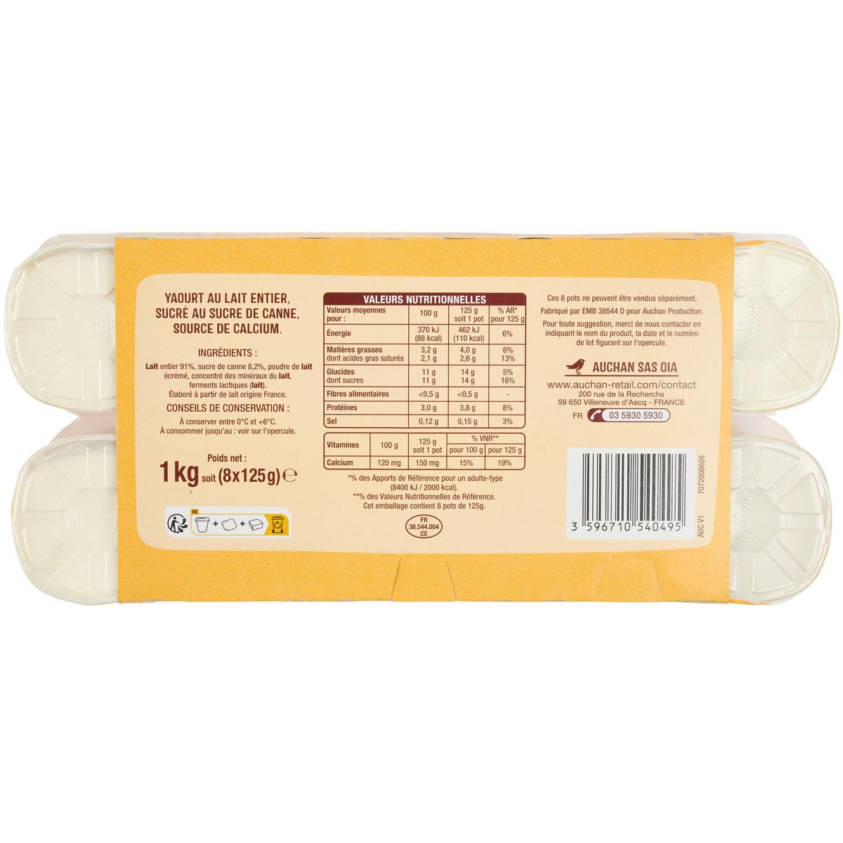 AUCHAN Yaourt nature au sucre de canne 8x125g