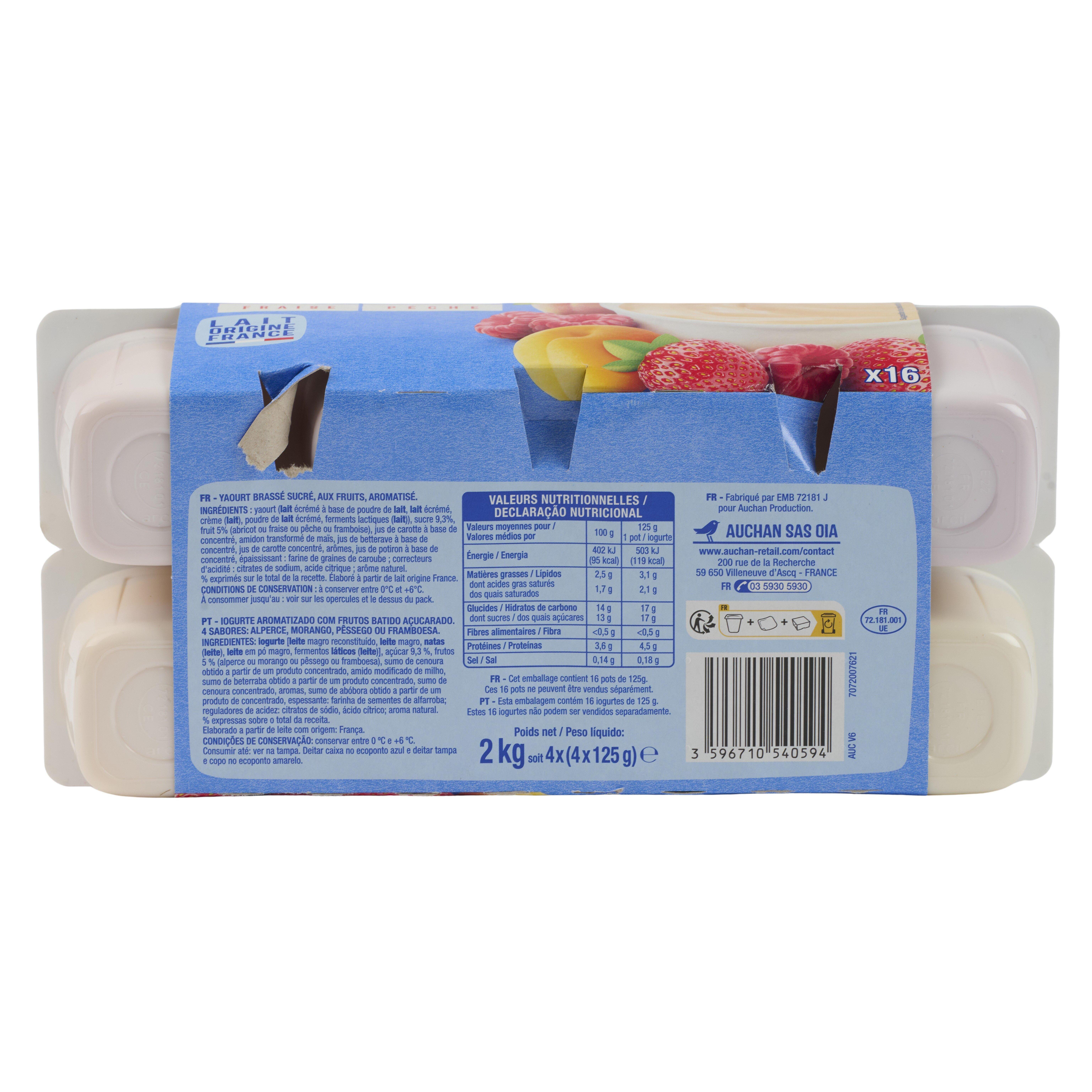 Voir la diapositive 2 : AUCHAN Yaourt aux fruits mixés abricot/nectarine framboise fraise pêche 16x125g