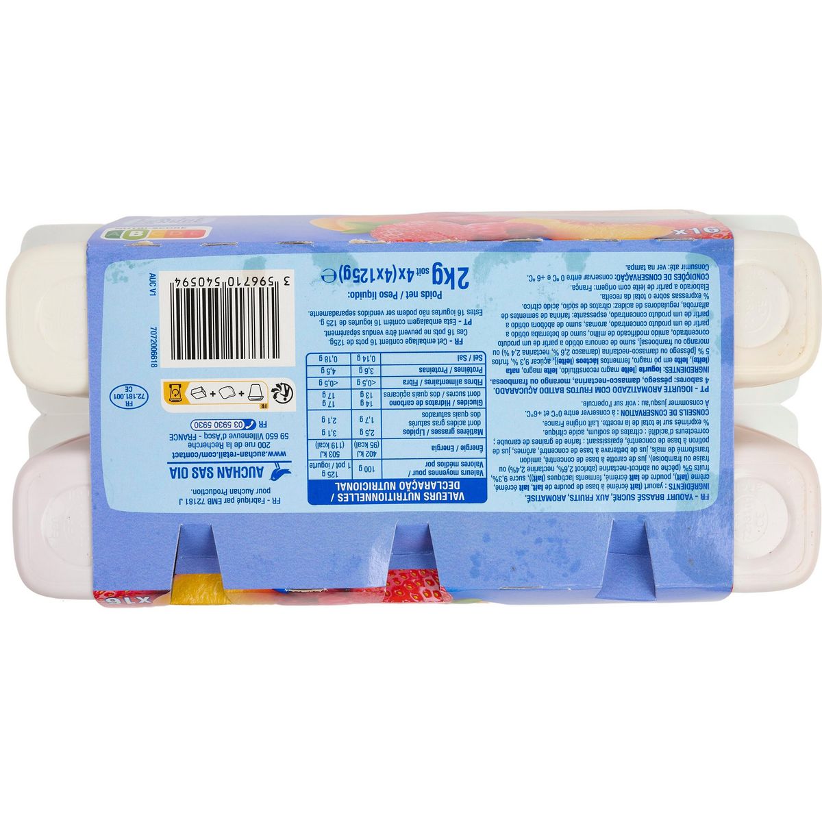 AUCHAN Yaourt aux fruits mixés abricot/nectarine framboise fraise pêche 16x125g