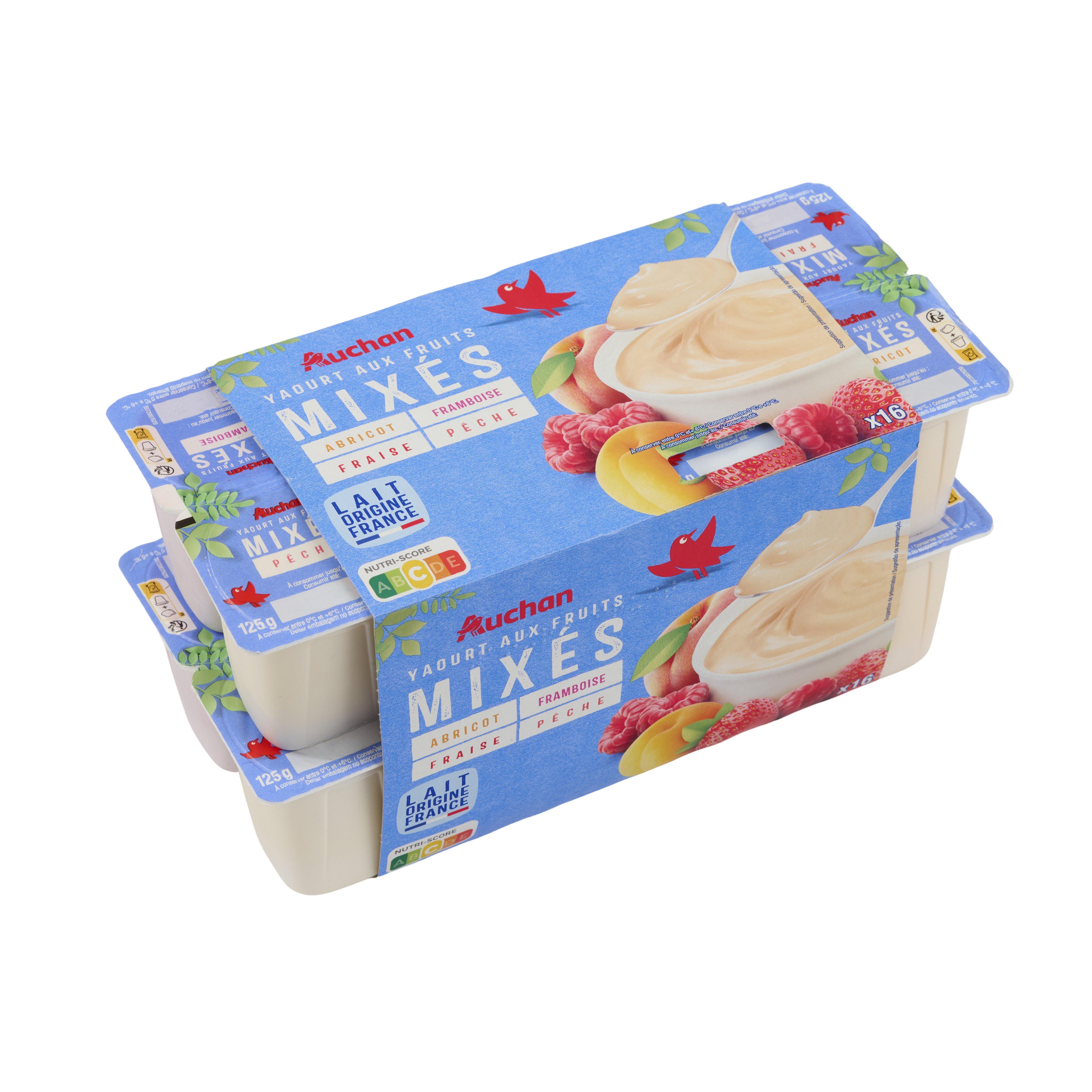 Voir la diapositive 3 : AUCHAN Yaourt aux fruits mixés abricot/nectarine framboise fraise pêche 16x125g