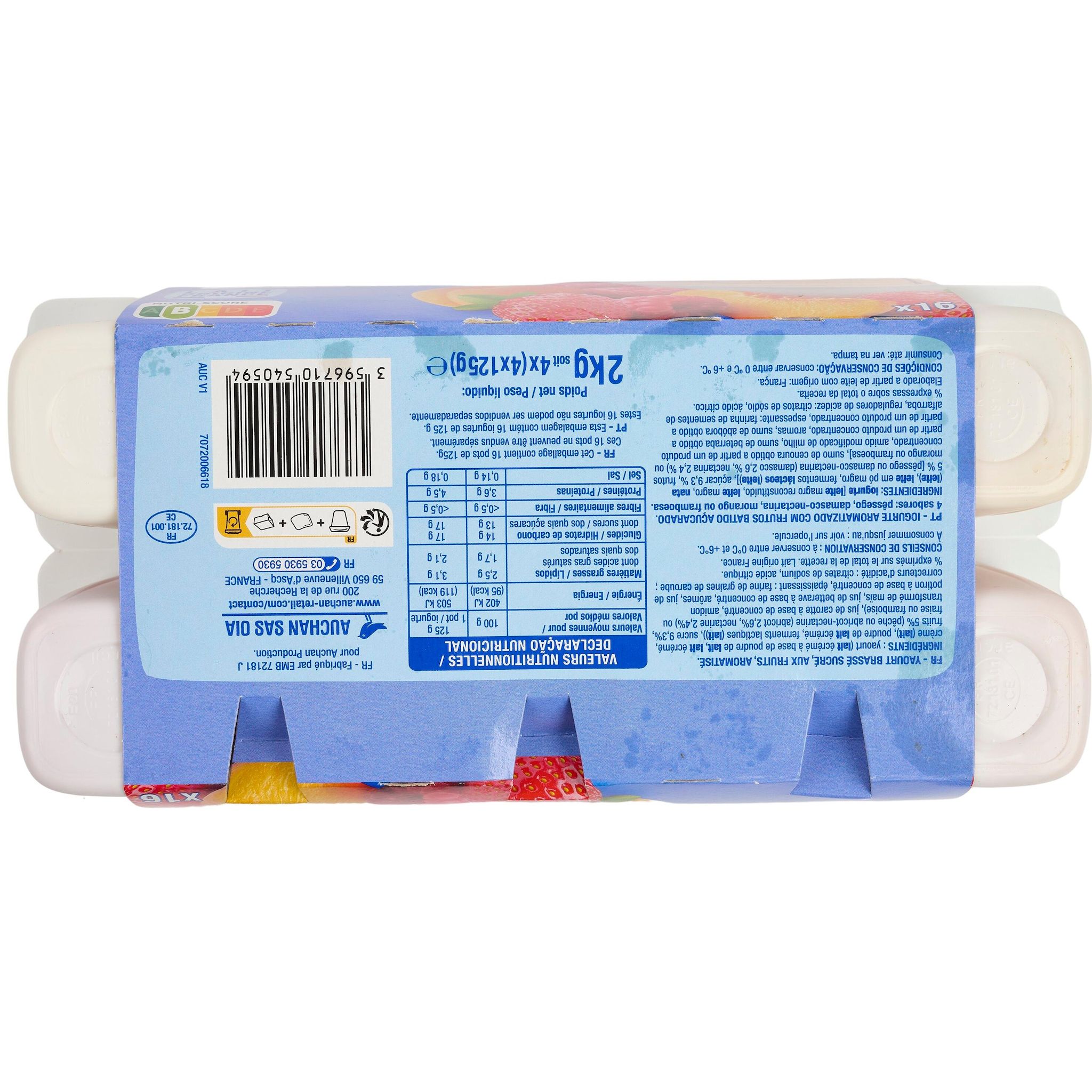 Voir la diapositive 3 : AUCHAN Yaourt aux fruits mixés abricot/nectarine framboise fraise pêche 16x125g