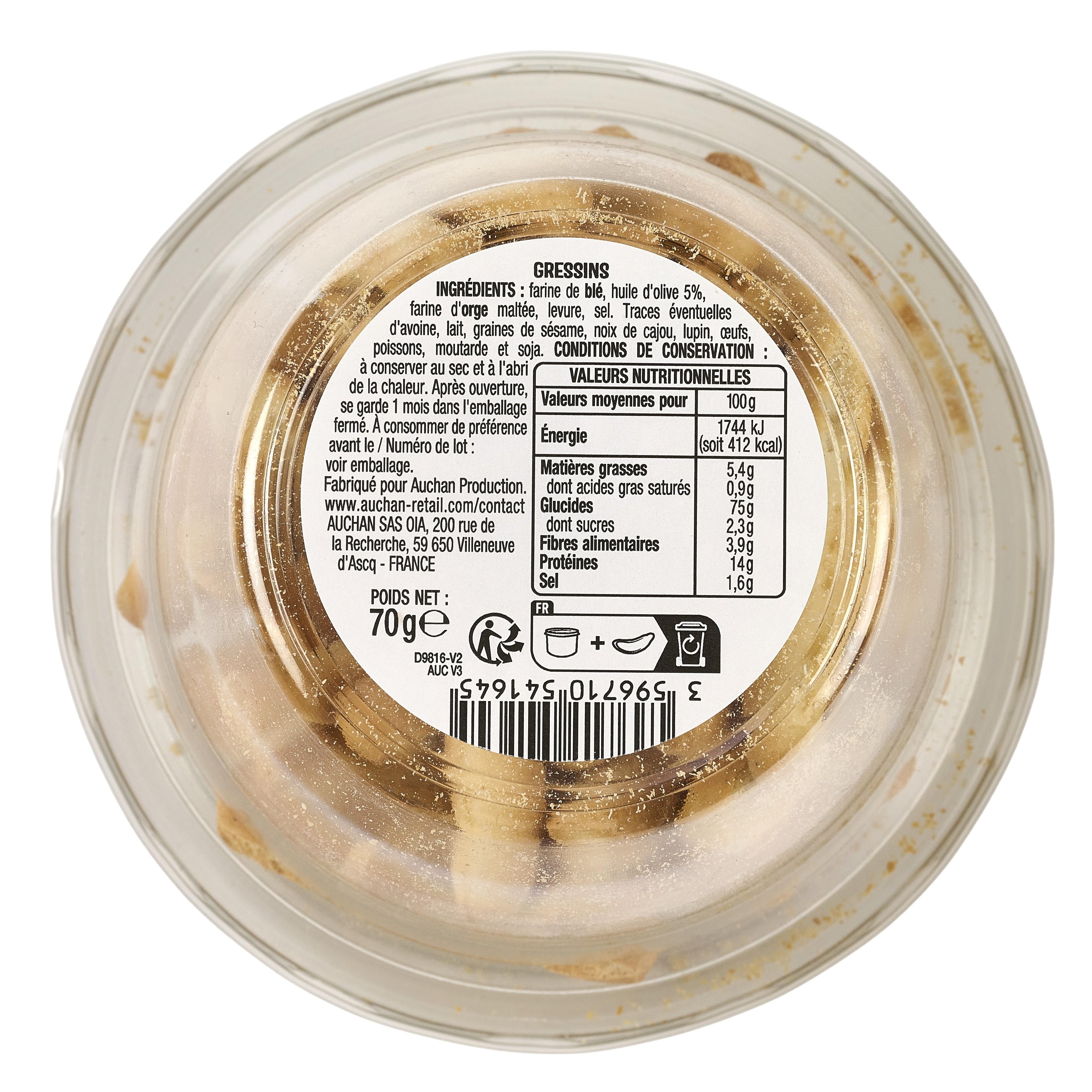 Voir la diapositive 2 : AUCHAN Mini gressins à l'huile d'olive 70g