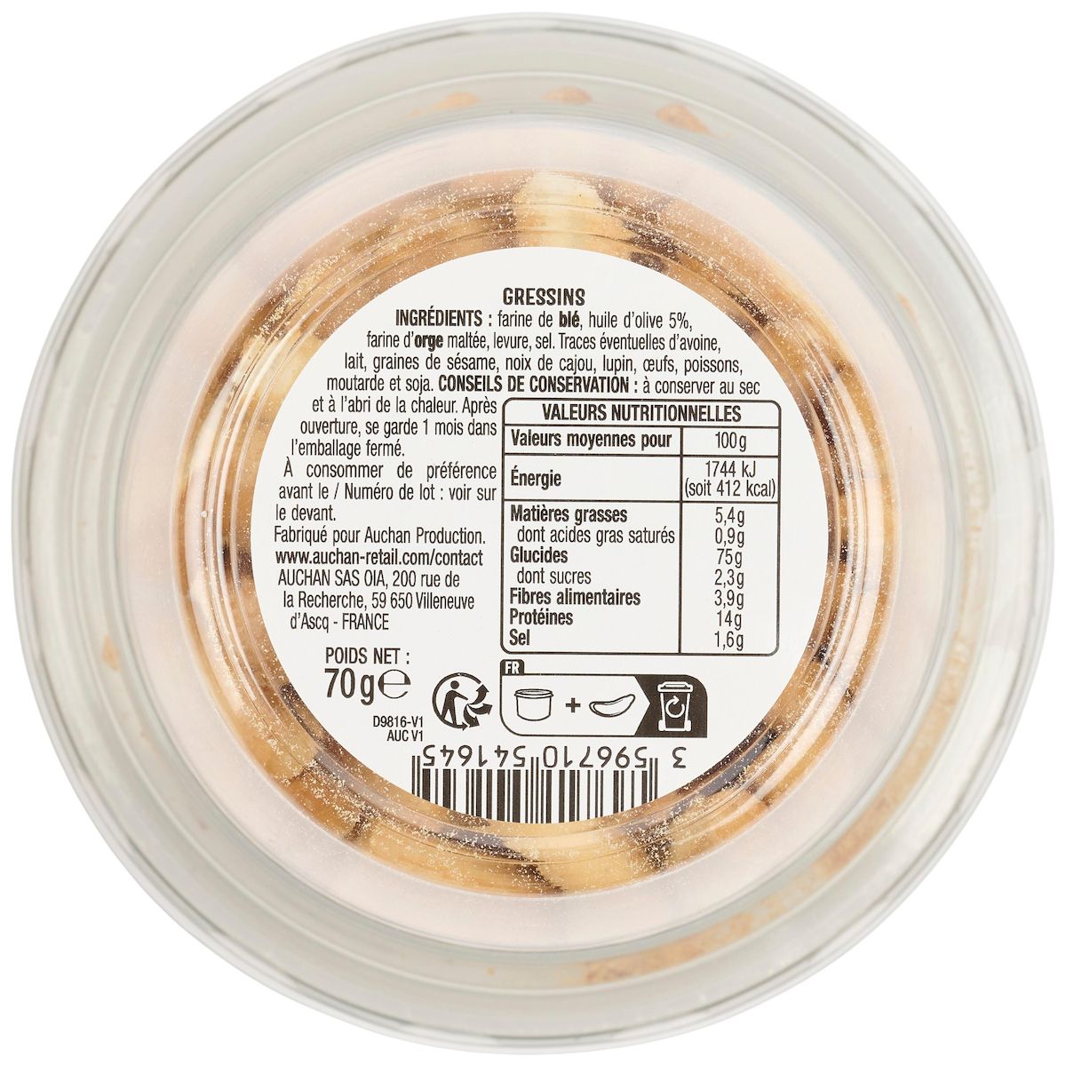 AUCHAN Mini gressins à l'huile d'olive 70g