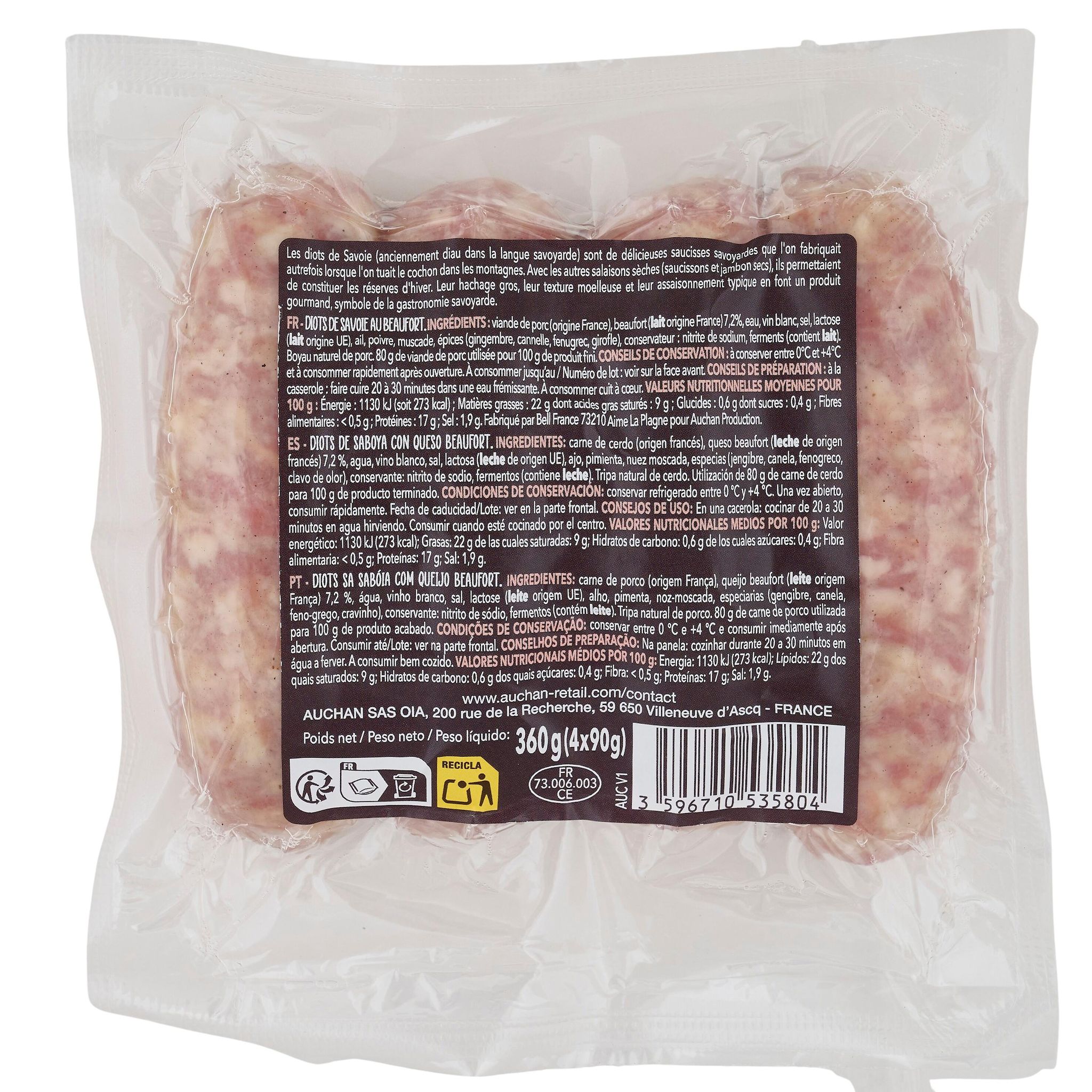 Voir la diapositive 2 : AUCHAN TERROIR Diots de Savoie au beaufort 4 pièces 360g